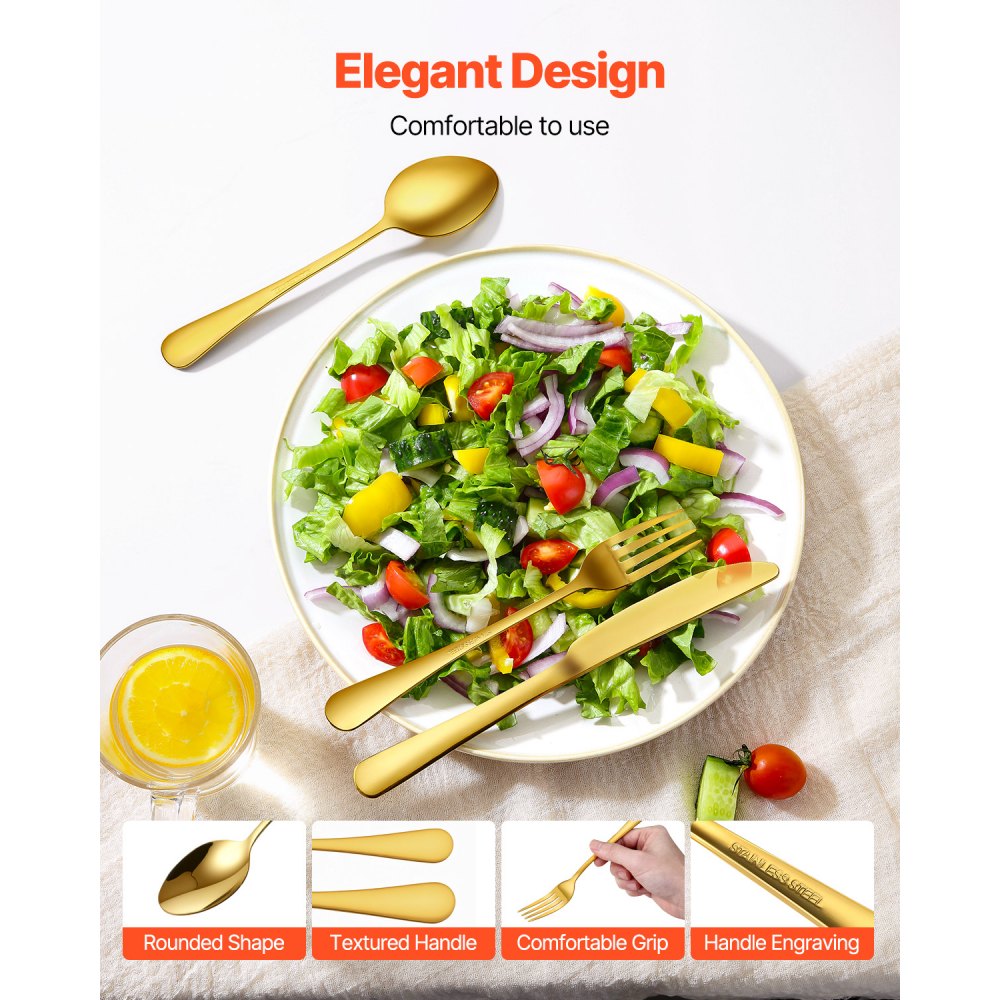 VEVOR 100-piece cutlery set in gold, food-grade stainless steel cutlery for 20 people, with a high-gloss finish, dishwasher-safe, including knives, forks, and spoons