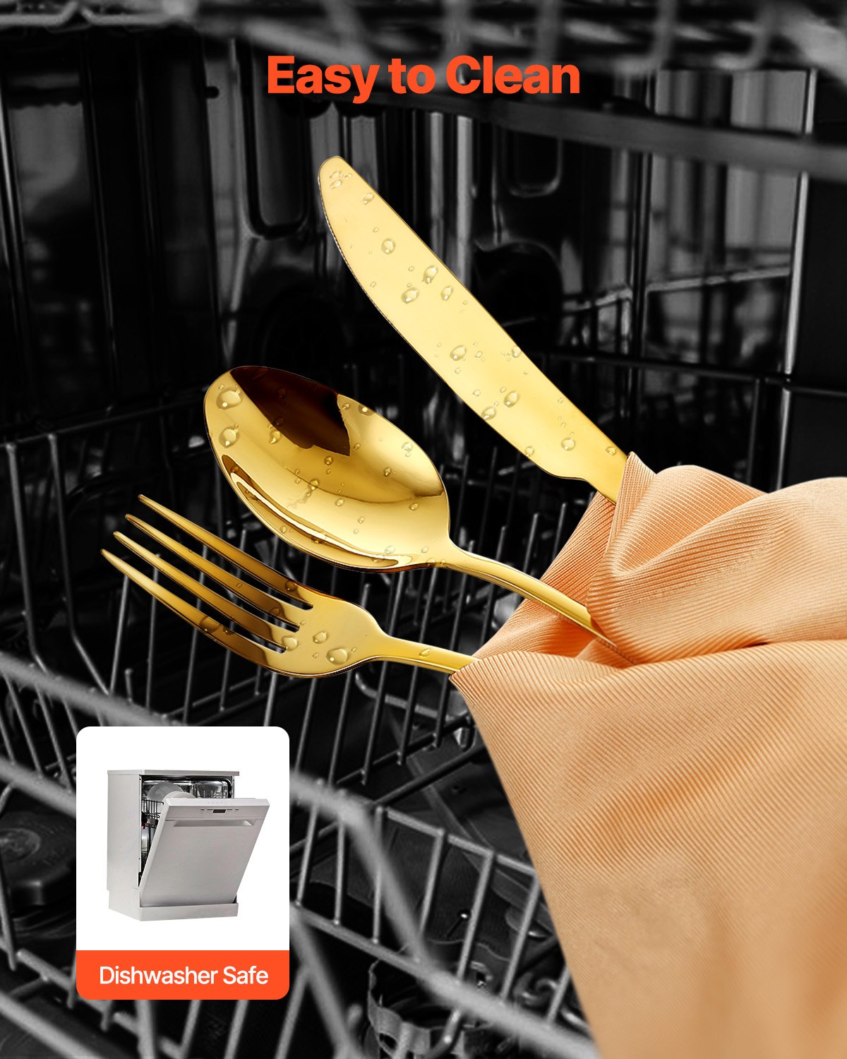 VEVOR 60-piece cutlery set in gold, made of food-safe stainless steel, highly polished, dishwasher-safe, service for 12 people, including knife, fork, and spoon.