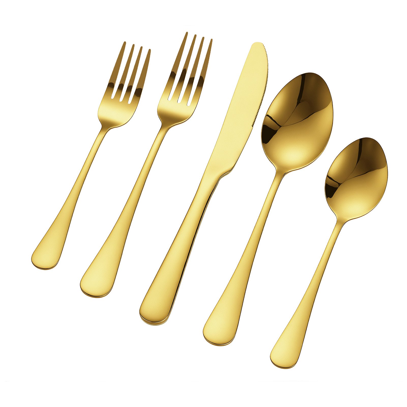 VEVOR 60-piece cutlery set in gold, made of food-safe stainless steel, highly polished, dishwasher-safe, service for 12 people, including knife, fork, and spoon.