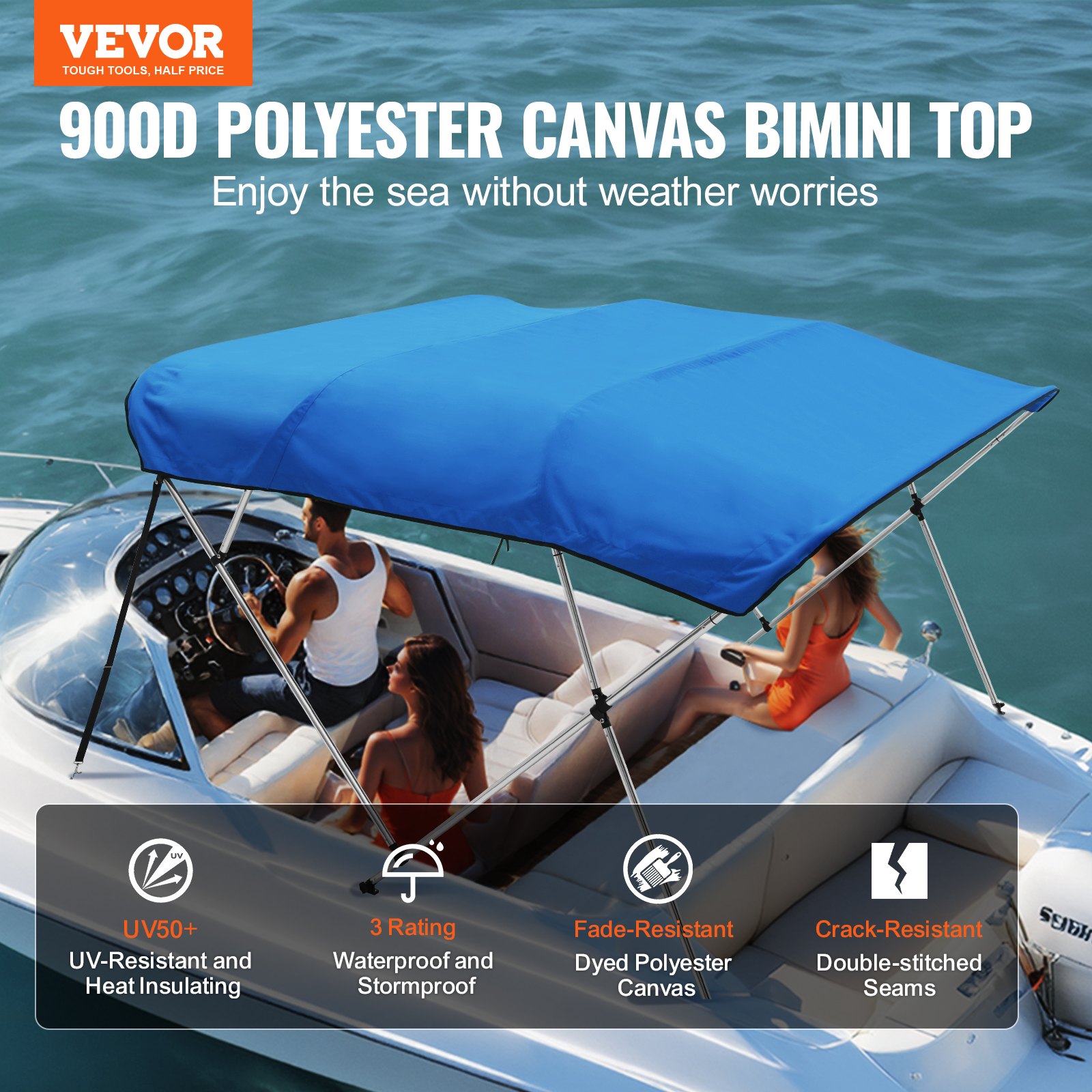 VEVOR 4-Bogen-Bimini-Top-Bootsabdeckung, 2310–2440 mm Einbaubreite 900D-Polyester-Überdachung mit Aluminiumlegierungsrahmen, Wasserdicht  & Sonnenschutz, inkl. Aufbewahrungsbox, 2 Stützstangen Blau