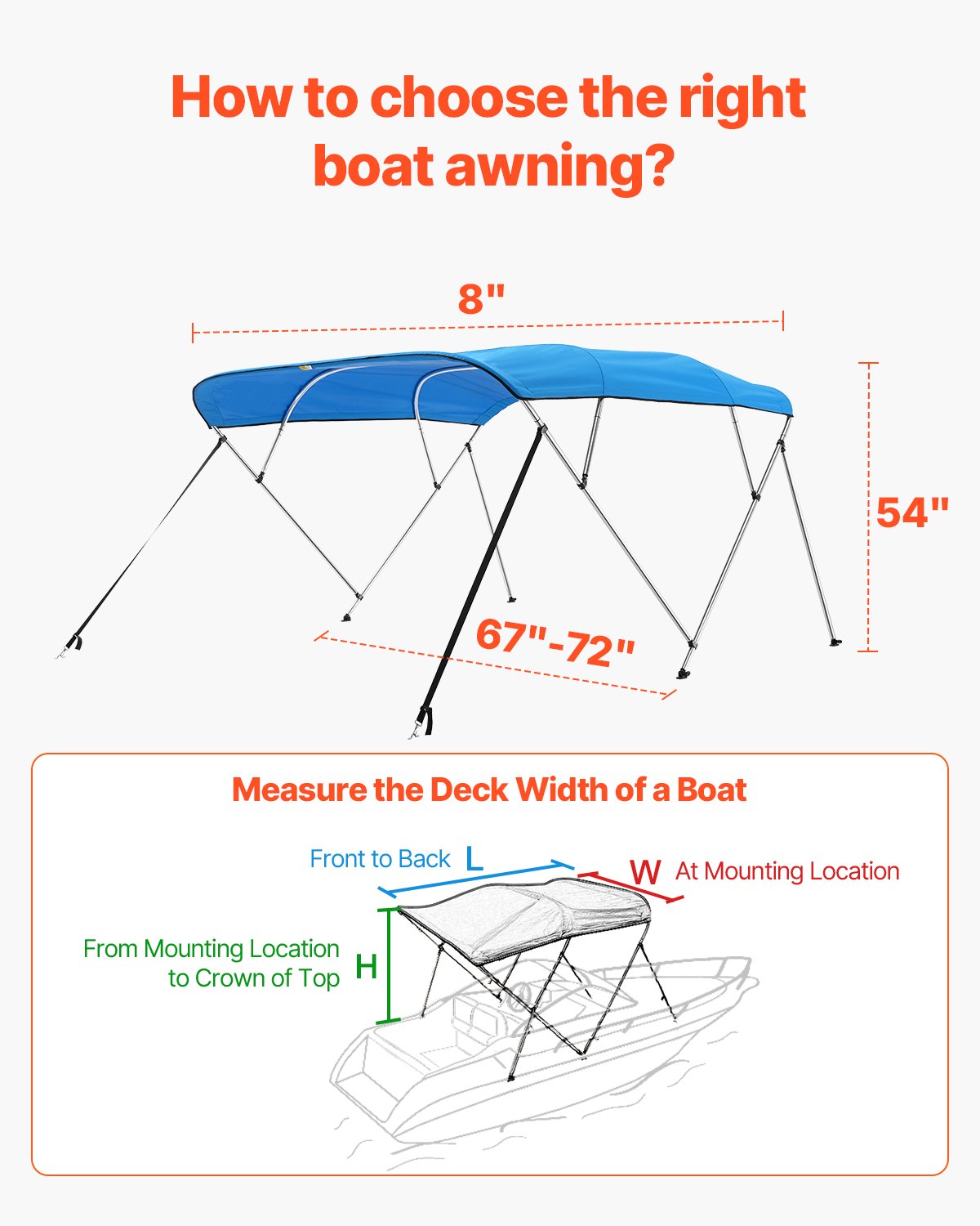 VEVOR Bimini Top Bootsabdeckung Sonnenverdeck (4 Bögen) aus 600D Polyester mit Rahmen aus Aluminiumlegierung, wasserdichte Sonnenschutz-Bootsmarkise mit Aufbewahrungstasche, 170-183 cm (B) Blau