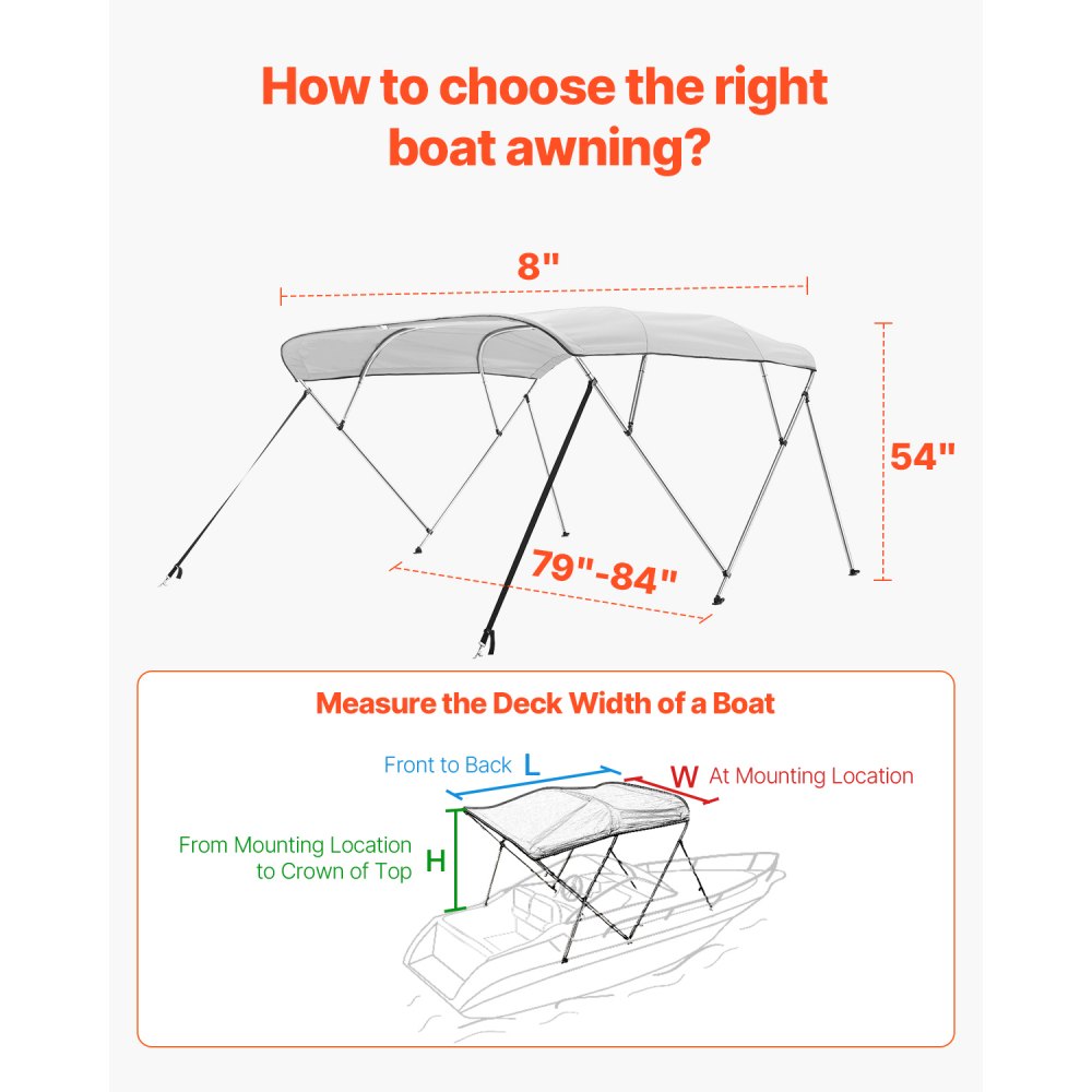VEVOR Bimini Top Bootsabdeckung Sonnenverdeck (4 Bögen) aus 600D Polyester mit Rahmen aus Aluminiumlegierung, wasserdichte Sonnenschutz-Bootsmarkise mit Aufbewahrungstasche, 201-213 cm (B) Hellgrau
