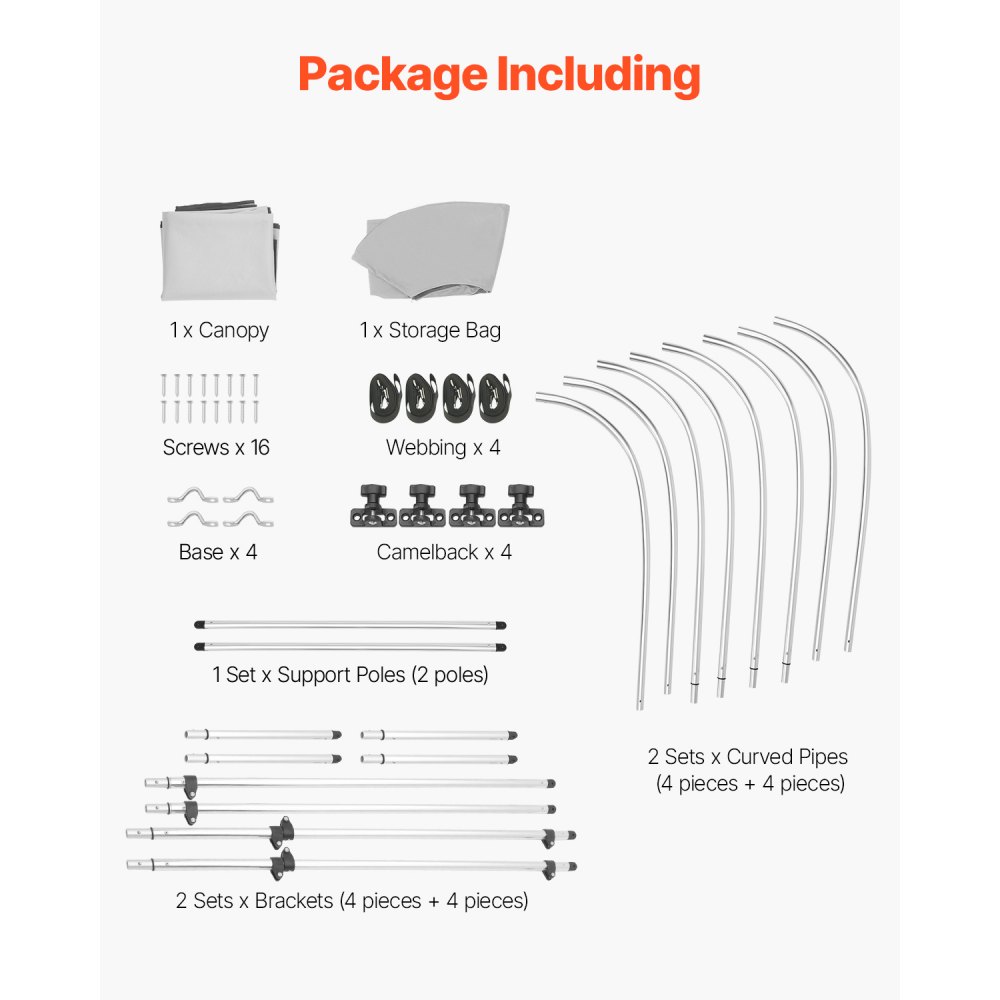 VEVOR Bimini Top Bootsabdeckung Sonnenverdeck (4 Bögen) aus 600D Polyester mit Rahmen aus Aluminiumlegierung, wasserdichte Sonnenschutz-Bootsmarkise mit Aufbewahrungstasche, 201-213 cm (B) Hellgrau
