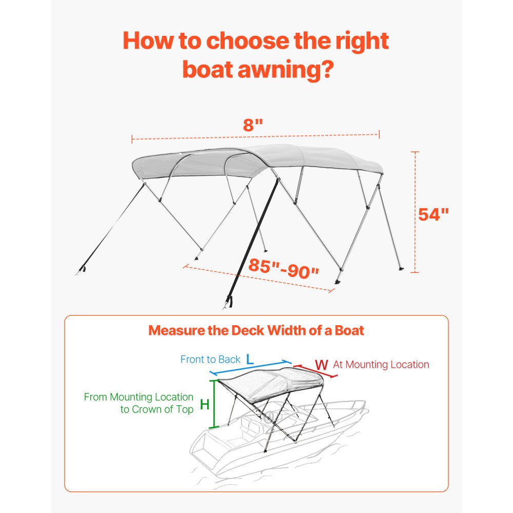 VEVOR Bimini Top Bootsabdeckung Sonnenverdeck (4 Bögen) aus 600D Polyester mit Rahmen aus Aluminiumlegierung, wasserdichte Sonnenschutz-Bootsmarkise mit Aufbewahrungstasche, 216-229 cm Hellgrau