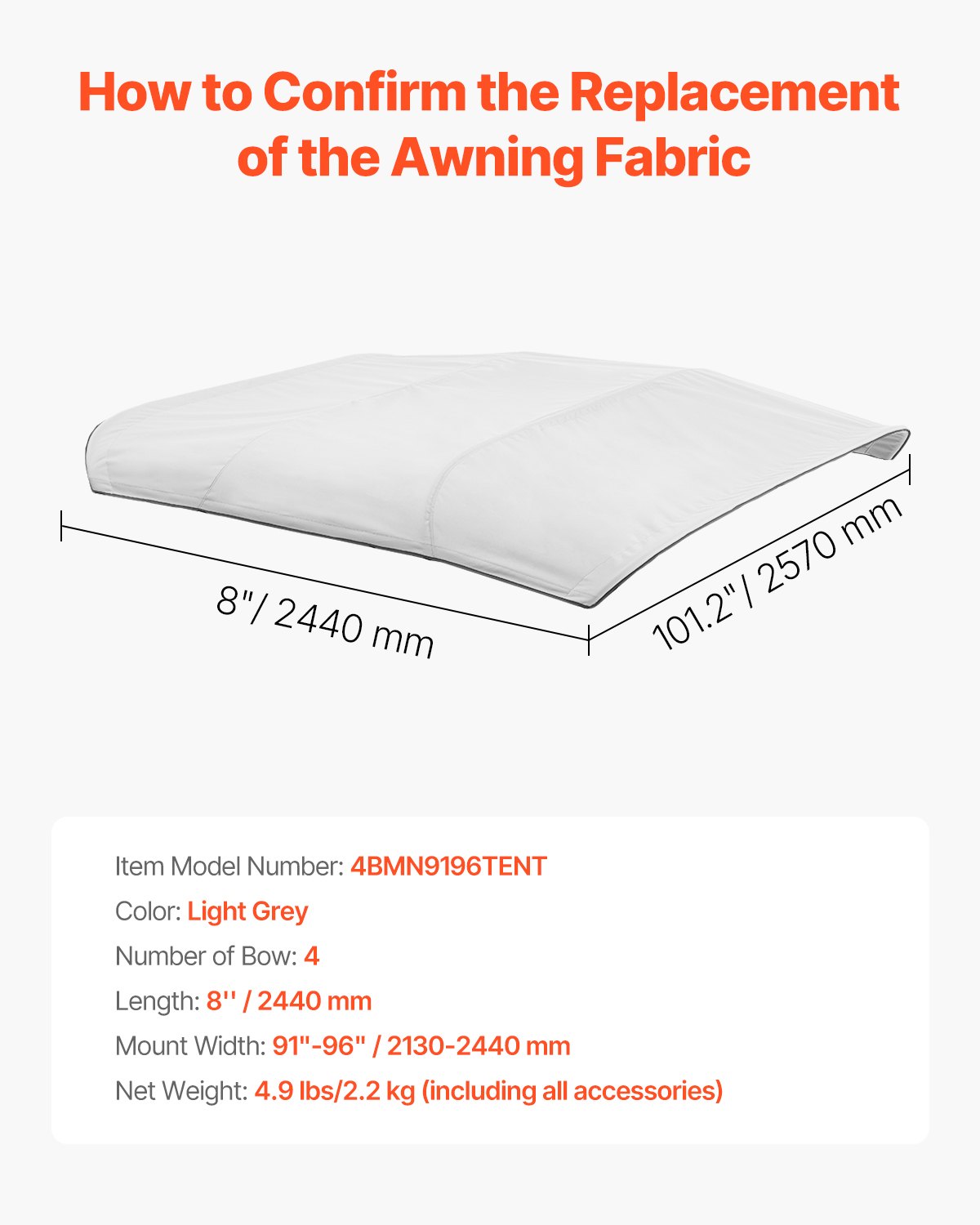 VEVOR Bimini Top Ersatz-Bootsverdeck Sonnenverdeck (4 Bögen) aus 600D Polyester, wasserdichte Sonnenschutz-Bootsmarkise mit Aufbewahrungstasche (ohne Stützstange) 231-244 cm Hellgrau