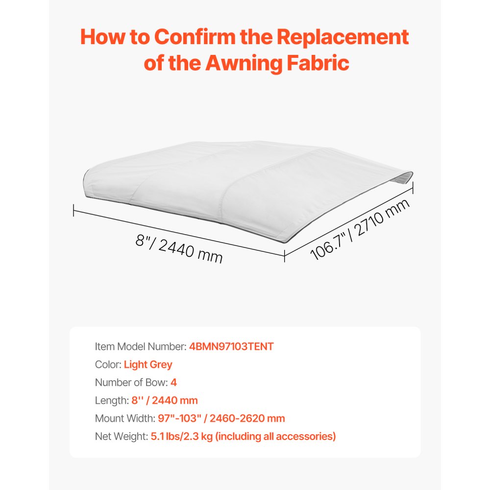 VEVOR Bimini Top Ersatz-Bootsverdeck Sonnenverdeck (4 Bögen) aus 600D Polyester, wasserdichte Sonnenschutz-Bootsmarkise mit Aufbewahrungstasche (ohne Stützstange) 241-262 cm (B) Hellgrau