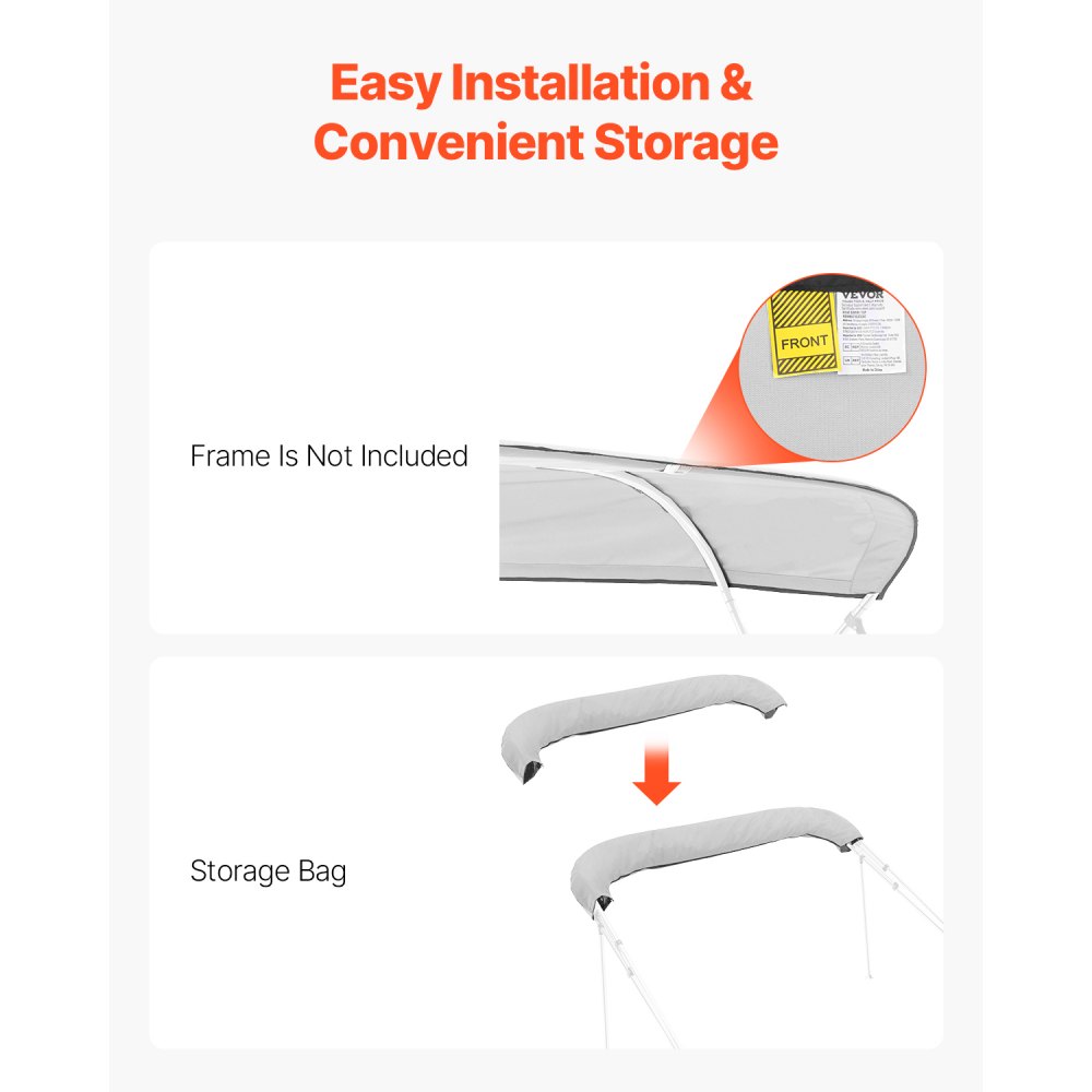 VEVOR Bimini Top Replacement Boat Cover Sunshade (4 arches) made of 600D polyester, waterproof sunshade boat awning with storage bag (without support pole) 241-262 cm (W) Light Grey