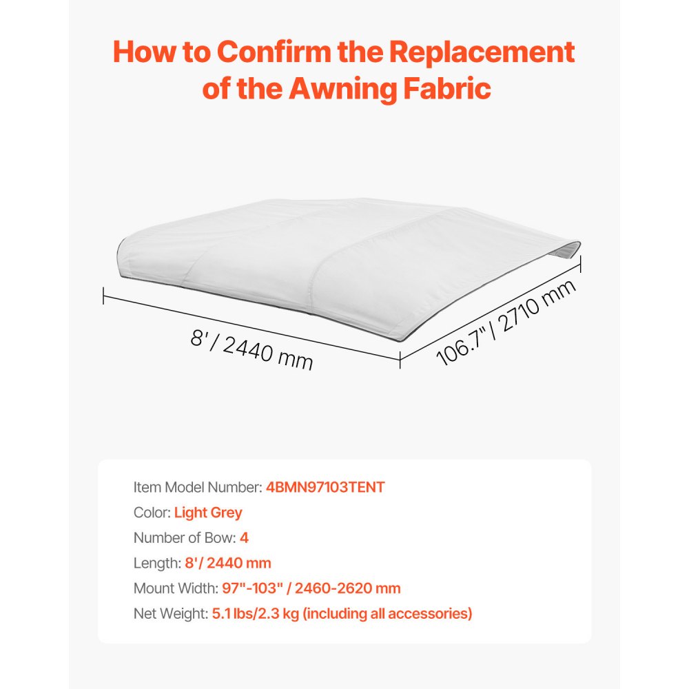 VEVOR Bimini Top Replacement Boat Cover Sunshade (4 arches) made of 600D polyester, waterproof sunshade boat awning with storage bag (without support pole) 241-262 cm (W) Light Grey