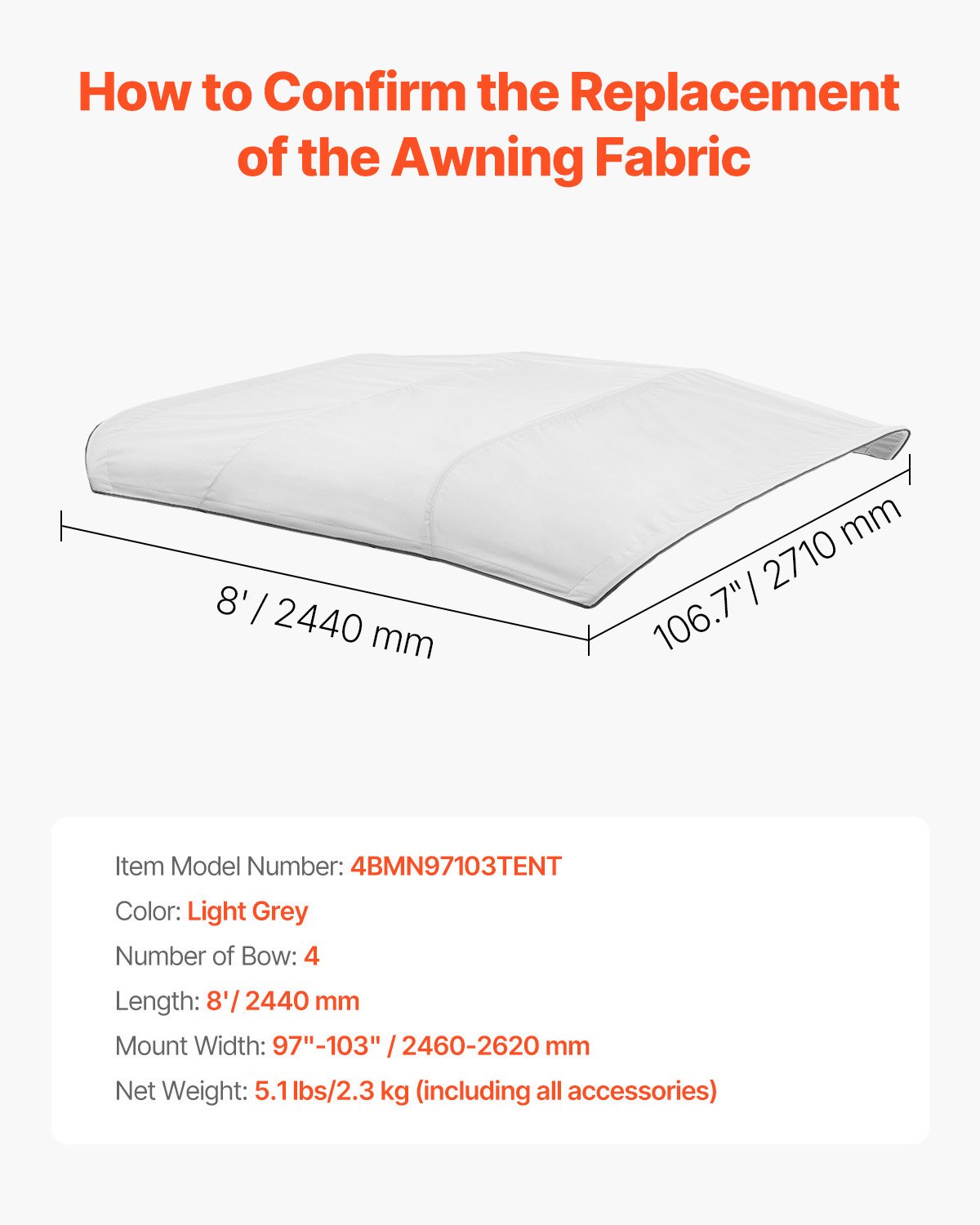 VEVOR Bimini Top Replacement Boat Cover Sunshade (4 arches) made of 600D polyester, waterproof sunshade boat awning with storage bag (without support pole) 241-262 cm (W) Light Grey