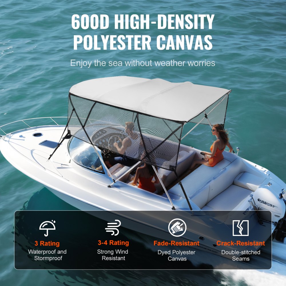 VEVOR 4-Bogen-Bimini-Top-Bootsabdeckung, 231–244 cm Einbaubreite 600D-Polyester-Überdachung, Bootsverdeck mit Abnehmbare Mesh-Seitenwände, Wasserdicht & Sonnenschutz, inkl. Aufbewahrungsbox Hellgrau
