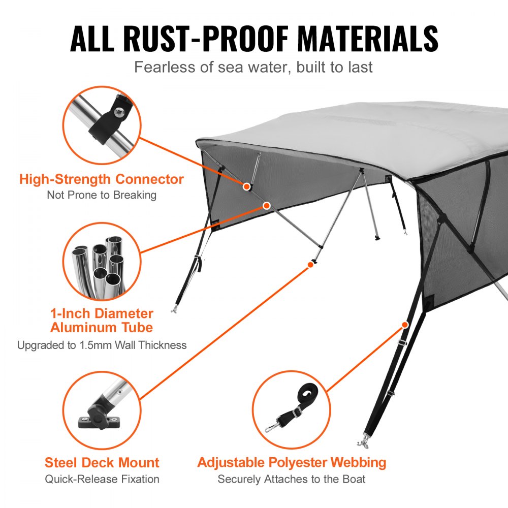 VEVOR 4-Bogen-Bimini-Top-Bootsabdeckung, 231–244 cm Einbaubreite 600D-Polyester-Überdachung, Bootsverdeck mit Abnehmbare Mesh-Seitenwände, Wasserdicht & Sonnenschutz, inkl. Aufbewahrungsbox Hellgrau