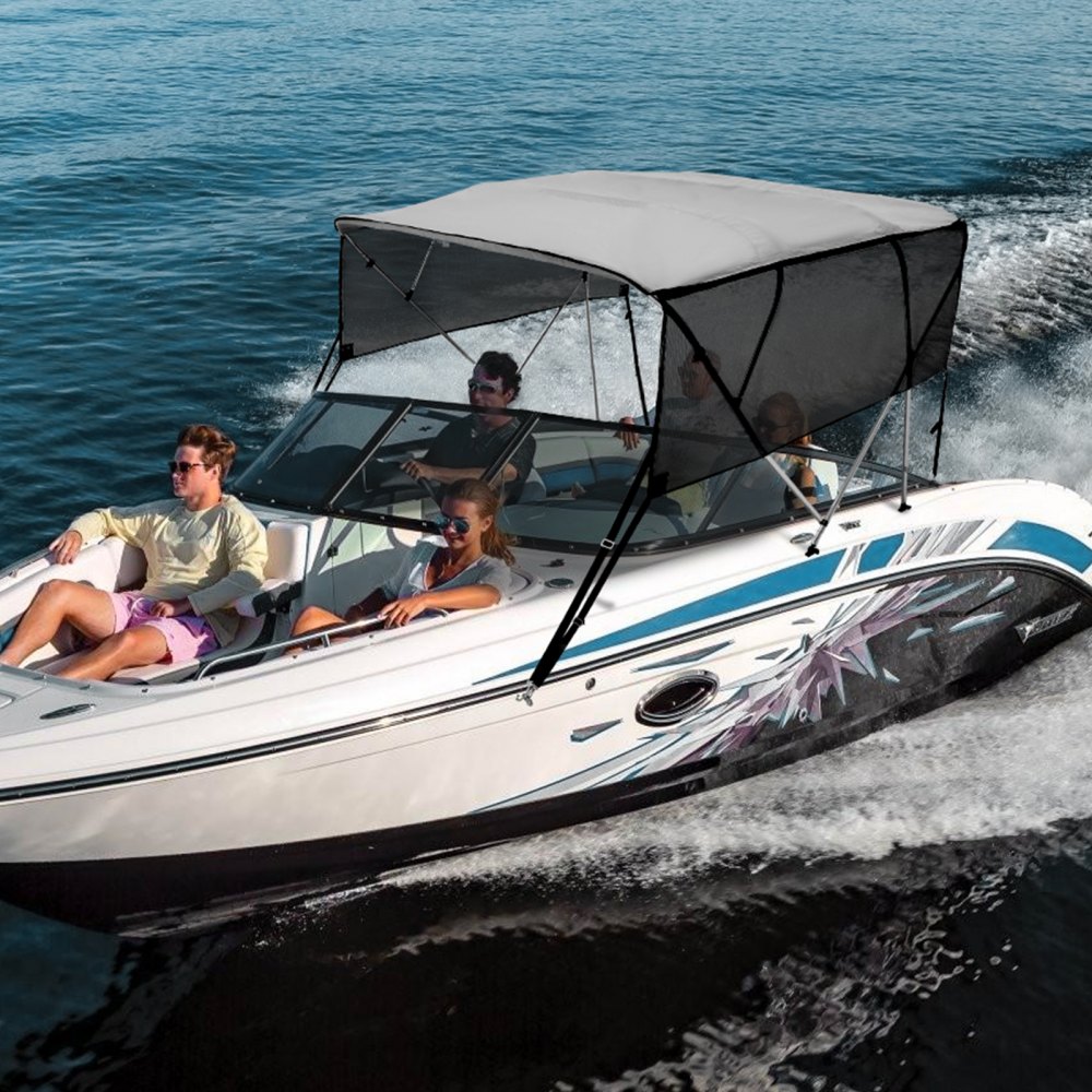 VEVOR 4-Bogen-Bimini-Top-Bootsabdeckung, 231–244 cm Einbaubreite 600D-Polyester-Überdachung, Bootsverdeck mit Abnehmbare Mesh-Seitenwände, Wasserdicht & Sonnenschutz, inkl. Aufbewahrungsbox Hellgrau