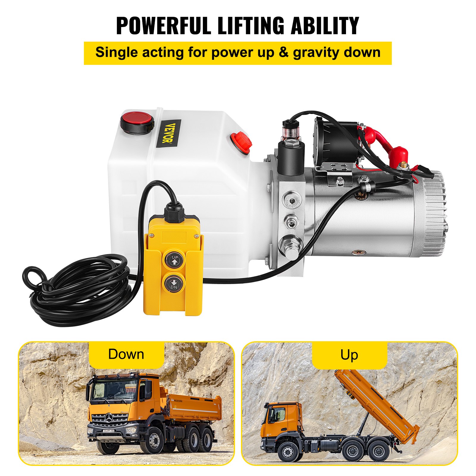 NOVE 4L hydraulic pump, rated speed 2850 rpm, single-acting hydraulic power unit for tippers, hydraulic power unit with plastic tank and 4.5m cable remote control