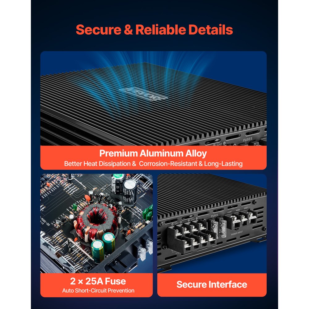 VEVOR Autoverstärker 4-Kanal, Endstufe Klasse AB Überbrückbar, Max. 4 x 200 W an 4 Ohm / 4 x 400 W an 2 Ohm, Hochleistungsverstärker für SUVs Pickups Geländewagen Mehrkanal-Audioverstärker