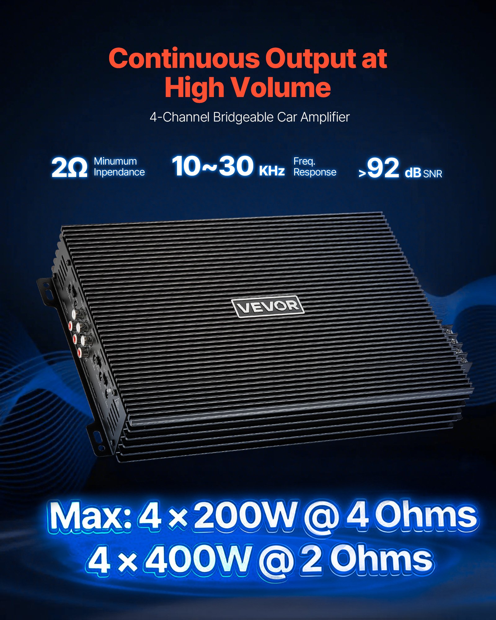 VEVOR Autoverstärker 4-Kanal, Endstufe Klasse AB Überbrückbar, Max. 4 x 200 W an 4 Ohm / 4 x 400 W an 2 Ohm, Hochleistungsverstärker für SUVs Pickups Geländewagen Mehrkanal-Audioverstärker