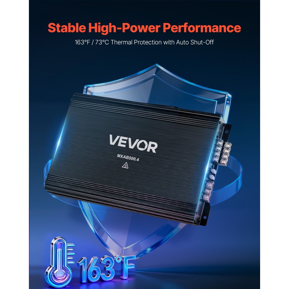 VEVOR Autoverstärker 4-Kanal, Endstufe Klasse AB Überbrückbar, Max. 4 x 250 W an 4 Ohm / 4 x 500 W an 2 Ohm, Hochleistungsverstärker für SUVs Pickups Geländewagen Mehrkanal-Audioverstärker