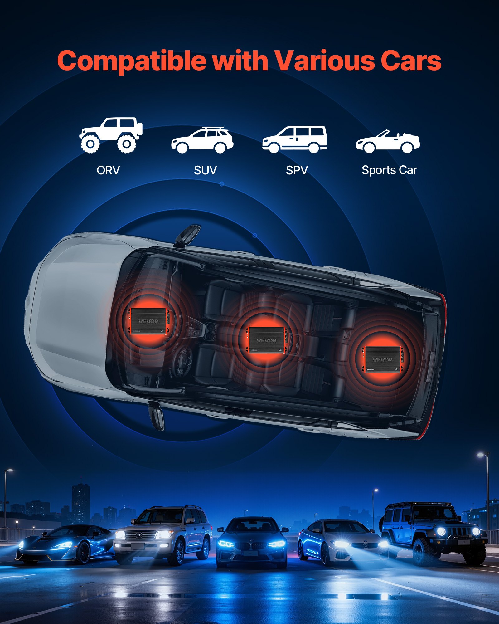 VEVOR Autoverstärker 4-Kanal, Endstufe Klasse D Überbrückbar, Max. 4 x 120 W an 4 Ohm / 4 x 200 W an 2 Ohm, Hochleistungsverstärker für SUVs Pickups Geländewagen Mehrkanal-Audioverstärker