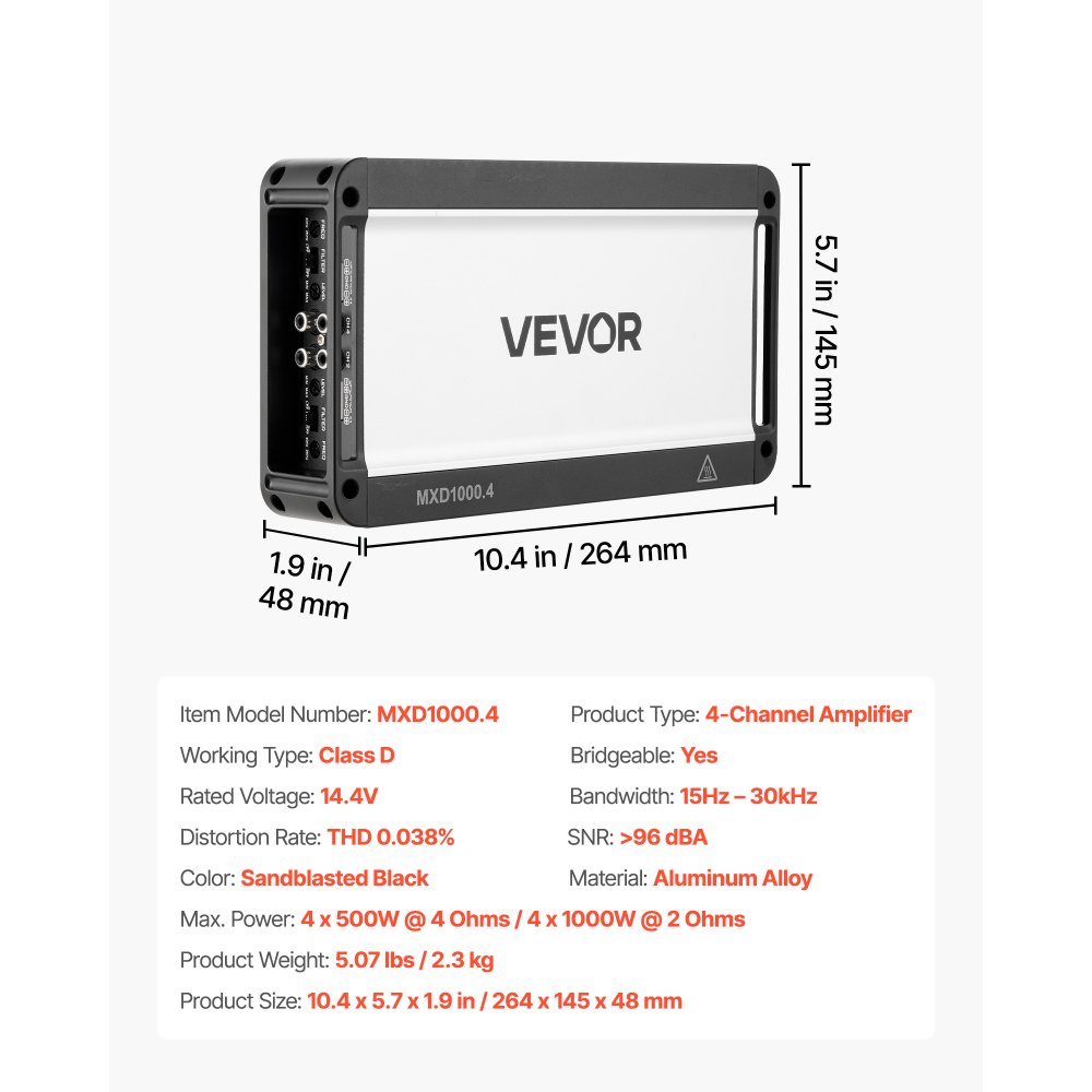 VEVOR Autoverstärker 4-Kanal, Endstufe Klasse D Überbrückbar, Max. 4 x 500 W an 4 Ohm / 4 x 1000 W an 2 Ohm, Hochleistungsverstärker für SUVs Pickups Geländewagen Mehrkanal-Audioverstärker
