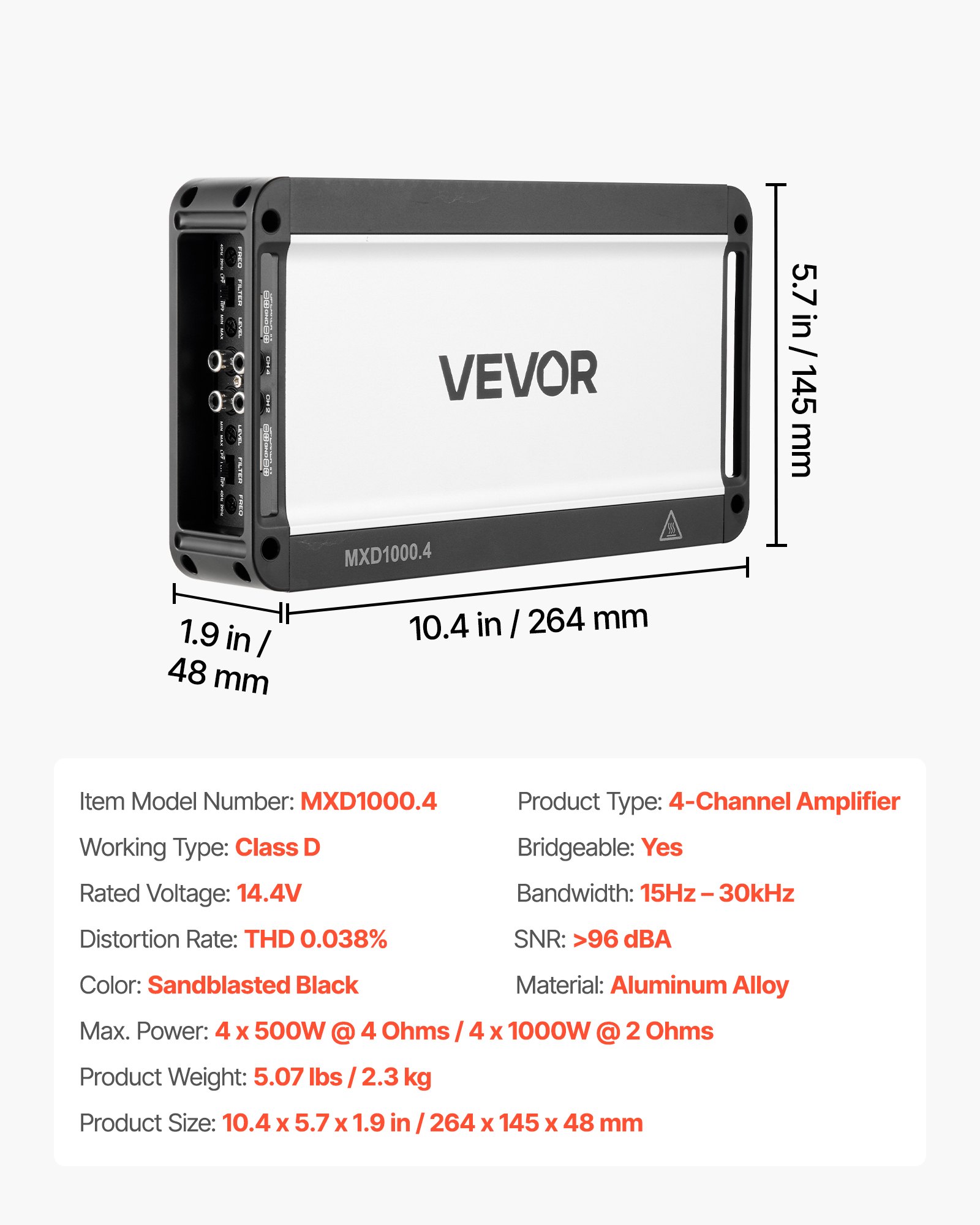 VEVOR Autoverstärker 4-Kanal, Endstufe Klasse D Überbrückbar, Max. 4 x 500 W an 4 Ohm / 4 x 1000 W an 2 Ohm, Hochleistungsverstärker für SUVs Pickups Geländewagen Mehrkanal-Audioverstärker
