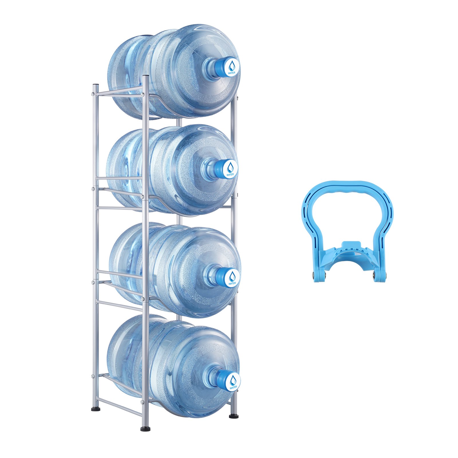 VEVOR 4-Tier Water Jug Holder, 5-Gal Water Bottle Holder, Single-Row Iron Water Bottle Rack for 4 Bottles, Sturdy Water Jug Rack, Water Jug Holder for Kitchen, Office, Living Room, Silver