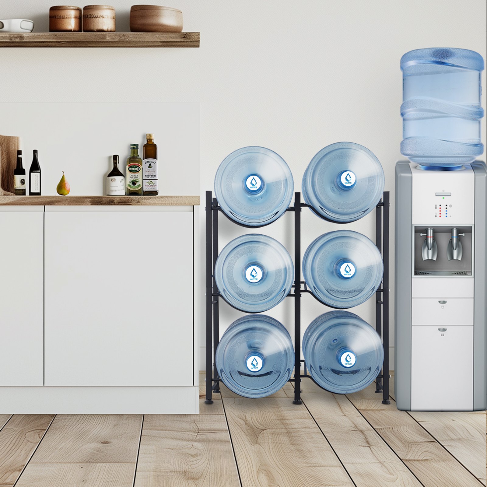 VEVOR Wasserkrughalter mit 3 Ebenen, 5 Gal Wasserflaschenhalter, zweireihiges Wasserflaschenregal aus Eisen für 6 Flaschen, robustes Wasserkrugregal Wasserkrughalter für Küche Büro Wohnzimmer schwarz