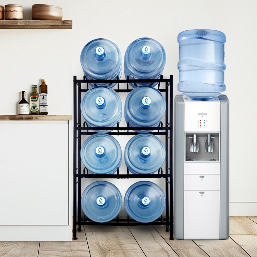 VEVOR Wasserkrughalter mit 4 Ebenen, 5 Gal Wasserflaschenhalter, zweireihiges Wasserflaschenregal aus Eisen für 8 Flaschen, robustes Wasserkrugregal Wasserkrughalter für Küche Büro Wohnzimmer schwarz