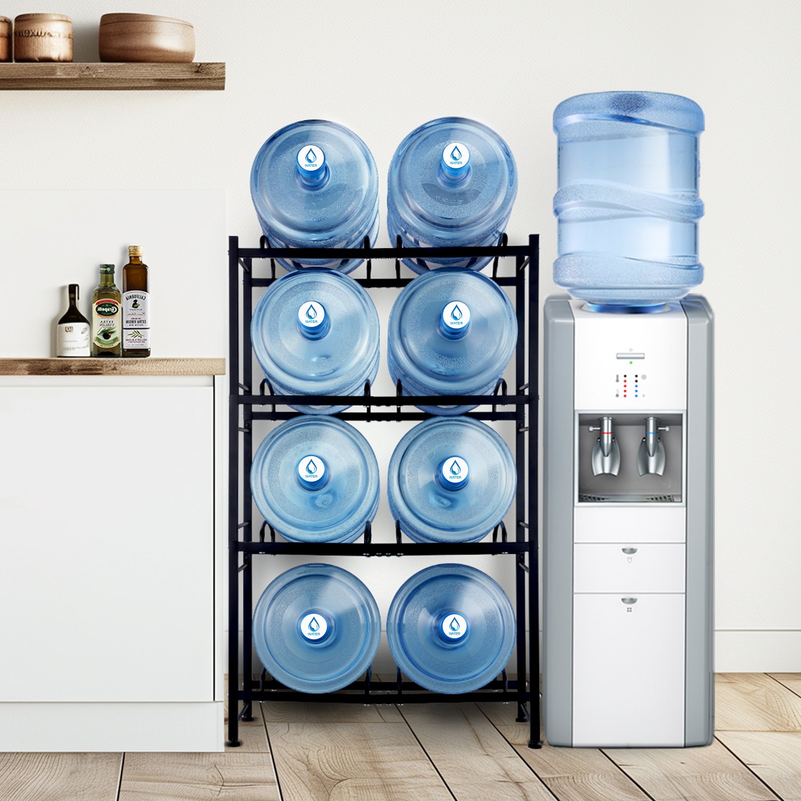 VEVOR Wasserkrughalter mit 4 Ebenen, 5 Gal Wasserflaschenhalter, zweireihiges Wasserflaschenregal aus Eisen für 8 Flaschen, robustes Wasserkrugregal Wasserkrughalter für Küche Büro Wohnzimmer schwarz