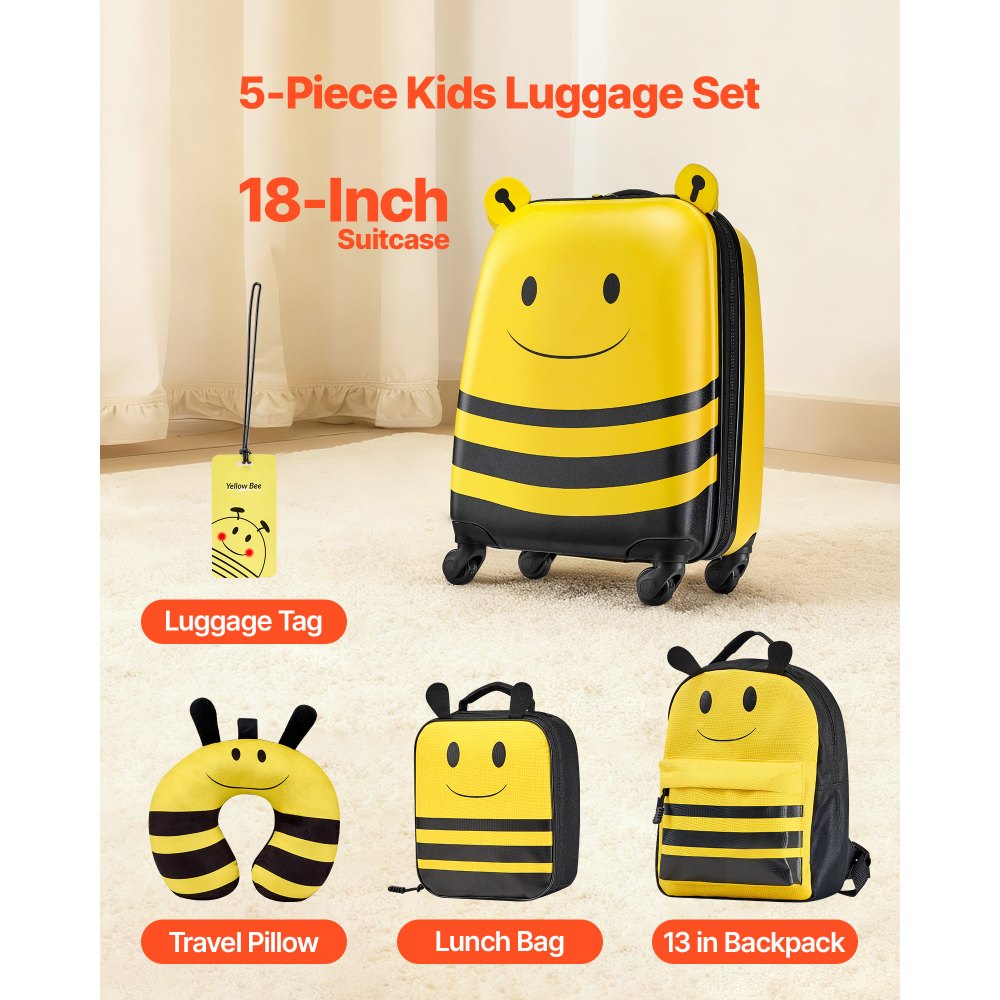 VEVOR 5 tlg. Kinderkoffer Set, 457,2 mm, Hartschalenkoffer mit Kindertrolley, Rucksack, Nackenkissen, Lunchbox & Kofferanhänge, Kofferset fürJungen & Mädchen, praktisch für Reisen Fliegen (Bienen)