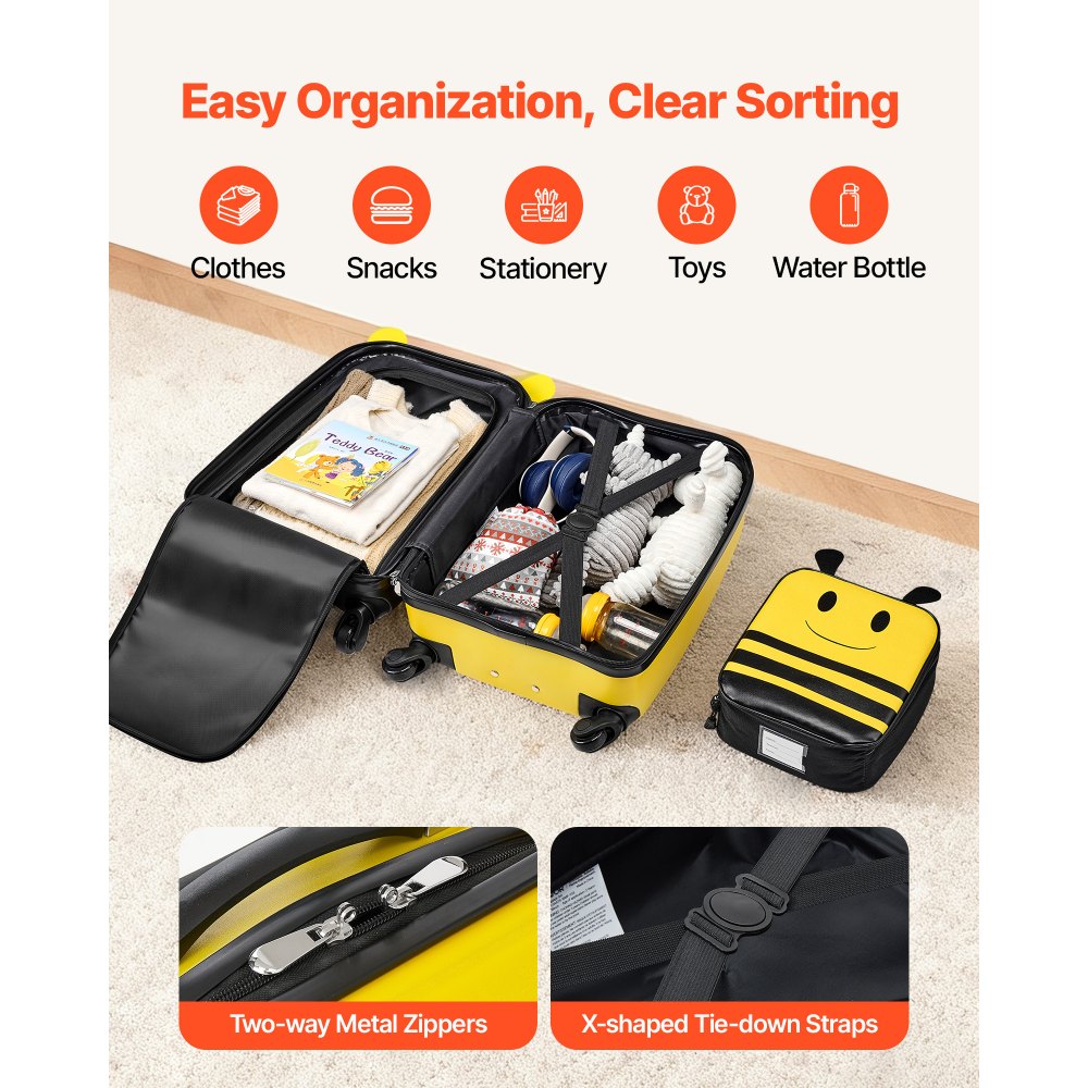 VEVOR 5 tlg. Kinderkoffer Set, 457,2 mm, Hartschalenkoffer mit Kindertrolley, Rucksack, Nackenkissen, Lunchbox & Kofferanhänge, Kofferset fürJungen & Mädchen, praktisch für Reisen Fliegen (Bienen)