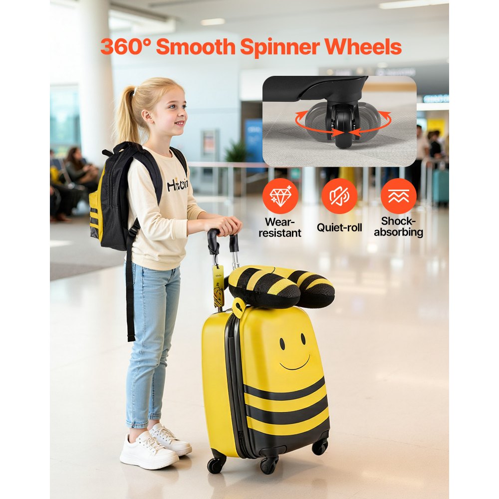 VEVOR 5 tlg. Kinderkoffer Set, 457,2 mm, Hartschalenkoffer mit Kindertrolley, Rucksack, Nackenkissen, Lunchbox & Kofferanhänge, Kofferset fürJungen & Mädchen, praktisch für Reisen Fliegen (Bienen)