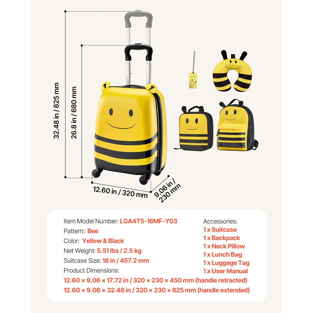 VEVOR 5 tlg. Kinderkoffer Set, 457,2 mm, Hartschalenkoffer mit Kindertrolley, Rucksack, Nackenkissen, Lunchbox & Kofferanhänge, Kofferset fürJungen & Mädchen, praktisch für Reisen Fliegen (Bienen)