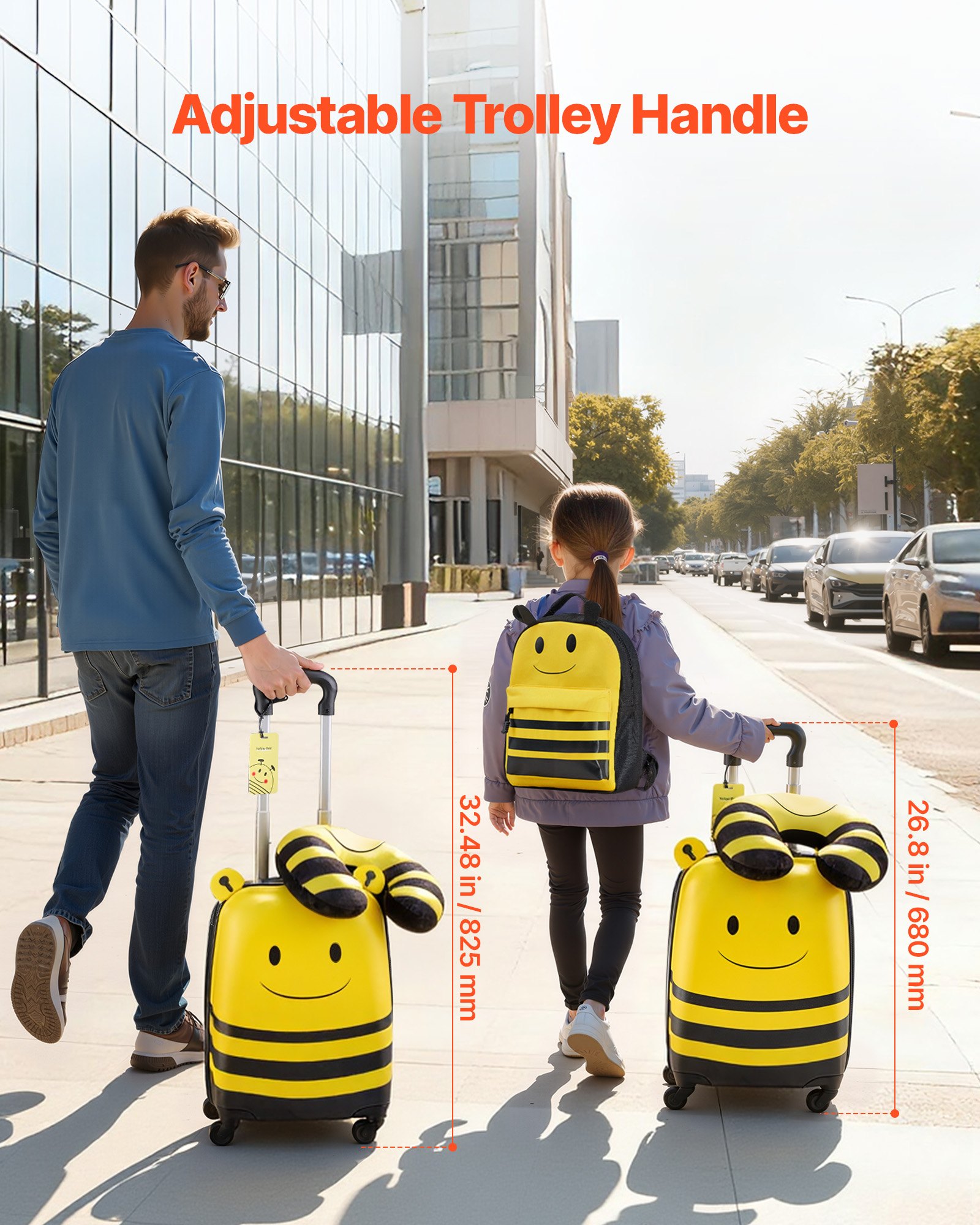 VEVOR 5 tlg. Kinderkoffer Set, 457,2 mm, Hartschalenkoffer mit Kindertrolley, Rucksack, Nackenkissen, Lunchbox & Kofferanhänge, Kofferset fürJungen & Mädchen, praktisch für Reisen Fliegen (Bienen)