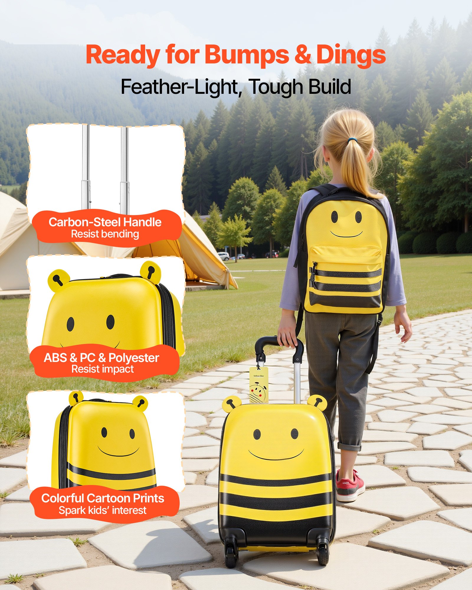 VEVOR 5 tlg. Kinderkoffer Set, 457,2 mm, Hartschalenkoffer mit Kindertrolley, Rucksack, Nackenkissen, Lunchbox & Kofferanhänge, Kofferset fürJungen & Mädchen, praktisch für Reisen Fliegen (Bienen)