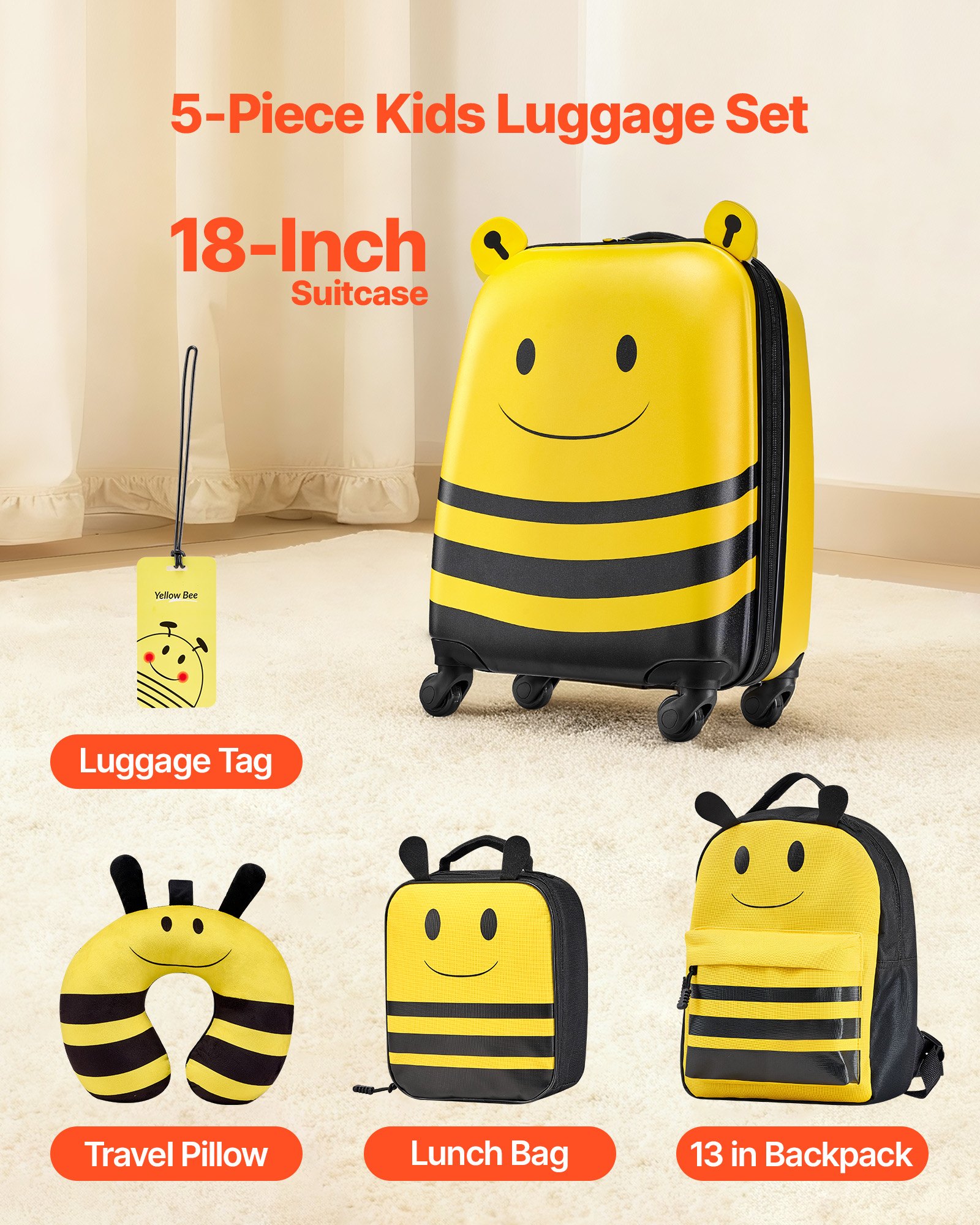 VEVOR 5 tlg. Kinderkoffer Set, 457,2 mm, Hartschalenkoffer mit Kindertrolley, Rucksack, Nackenkissen, Lunchbox & Kofferanhänge, Kofferset fürJungen & Mädchen, praktisch für Reisen Fliegen (Bienen)