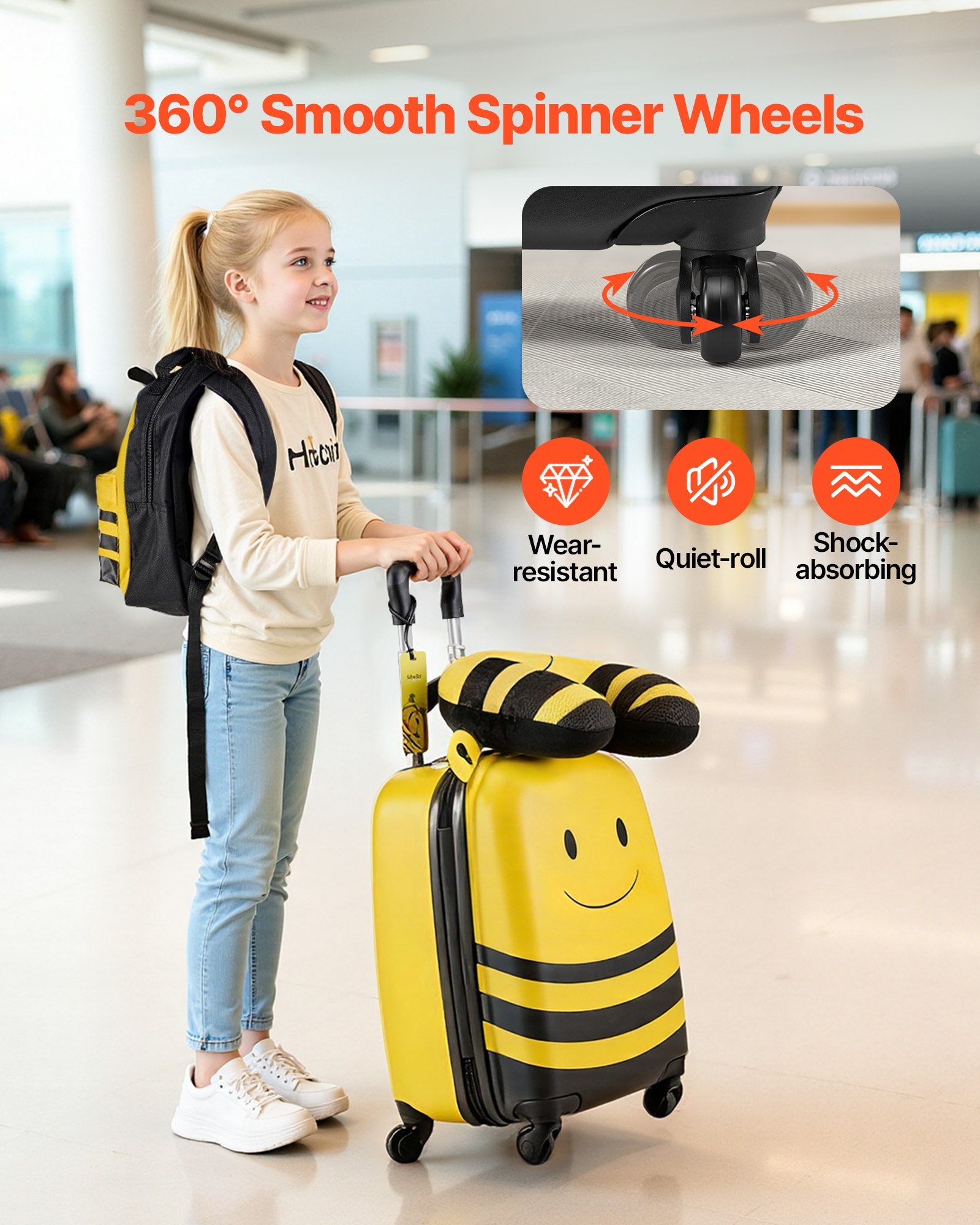 VEVOR 5 tlg. Kinderkoffer Set, 457,2 mm, Hartschalenkoffer mit Kindertrolley, Rucksack, Nackenkissen, Lunchbox & Kofferanhänge, Kofferset fürJungen & Mädchen, praktisch für Reisen Fliegen (Bienen)