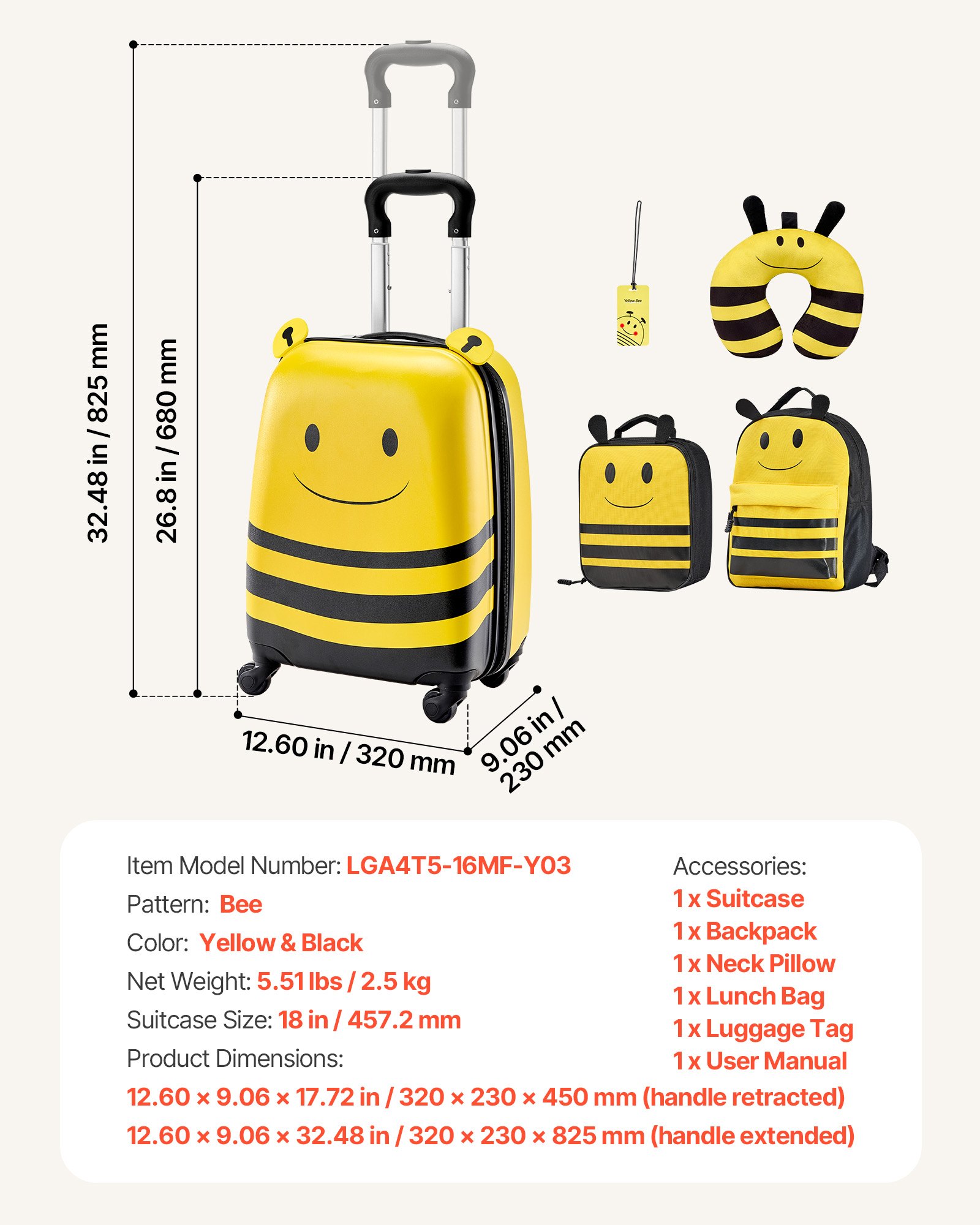 VEVOR 5 tlg. Kinderkoffer Set, 457,2 mm, Hartschalenkoffer mit Kindertrolley, Rucksack, Nackenkissen, Lunchbox & Kofferanhänge, Kofferset fürJungen & Mädchen, praktisch für Reisen Fliegen (Bienen)