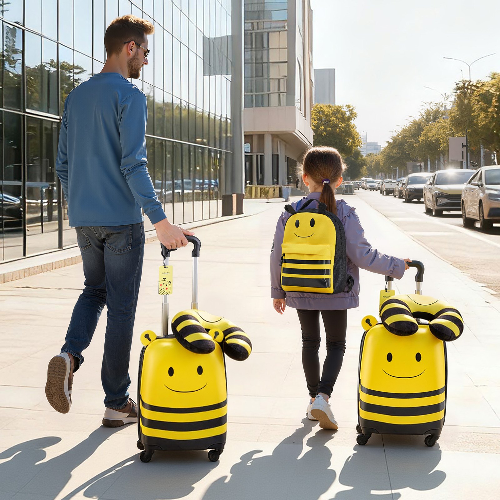 VEVOR 5 tlg. Kinderkoffer Set, 457,2 mm, Hartschalenkoffer mit Kindertrolley, Rucksack, Nackenkissen, Lunchbox & Kofferanhänge, Kofferset fürJungen & Mädchen, praktisch für Reisen Fliegen (Bienen)