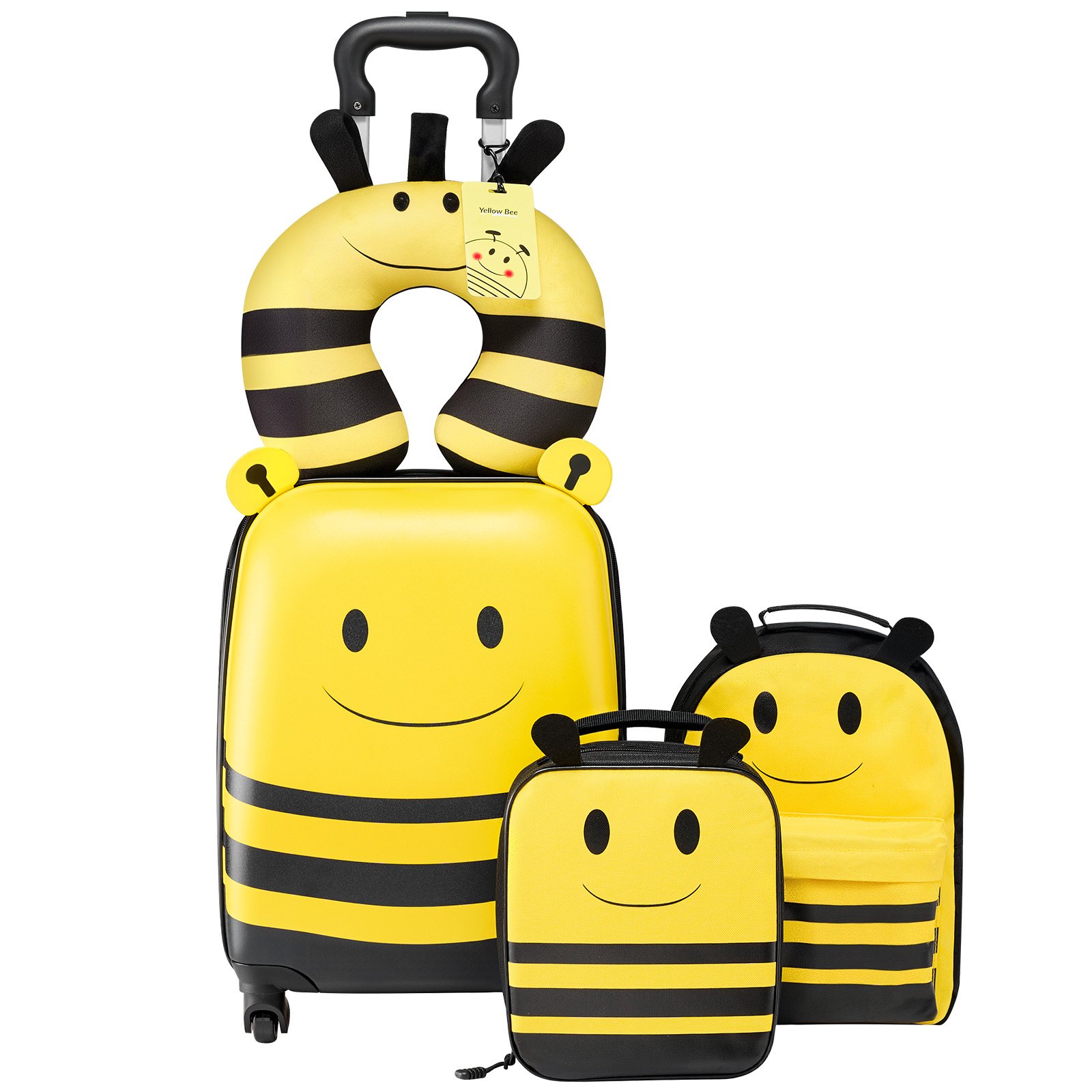 VEVOR 5 tlg. Kinderkoffer Set, 457,2 mm, Hartschalenkoffer mit Kindertrolley, Rucksack, Nackenkissen, Lunchbox & Kofferanhänge, Kofferset fürJungen & Mädchen, praktisch für Reisen Fliegen (Bienen)