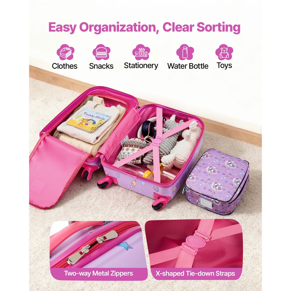 VEVOR 5 tlg. Kinderkoffer Set, 457,2 mm, Hartschalenkoffer mit Kindertrolley, Rucksack, Nackenkissen, Lunchbox & Kofferanhänge, Kofferset fürJungen & Mädchen, praktisch für Reisen Fliegen (Einhorn)