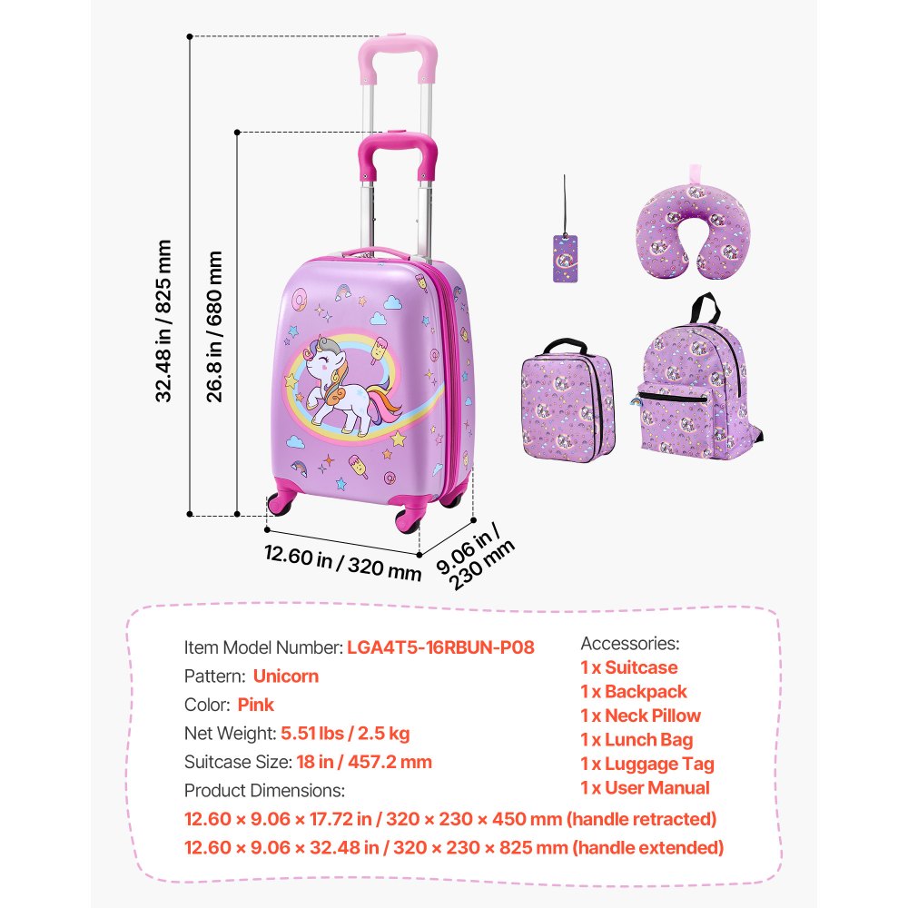 VEVOR 5 tlg. Kinderkoffer Set, 457,2 mm, Hartschalenkoffer mit Kindertrolley, Rucksack, Nackenkissen, Lunchbox & Kofferanhänge, Kofferset fürJungen & Mädchen, praktisch für Reisen Fliegen (Einhorn)
