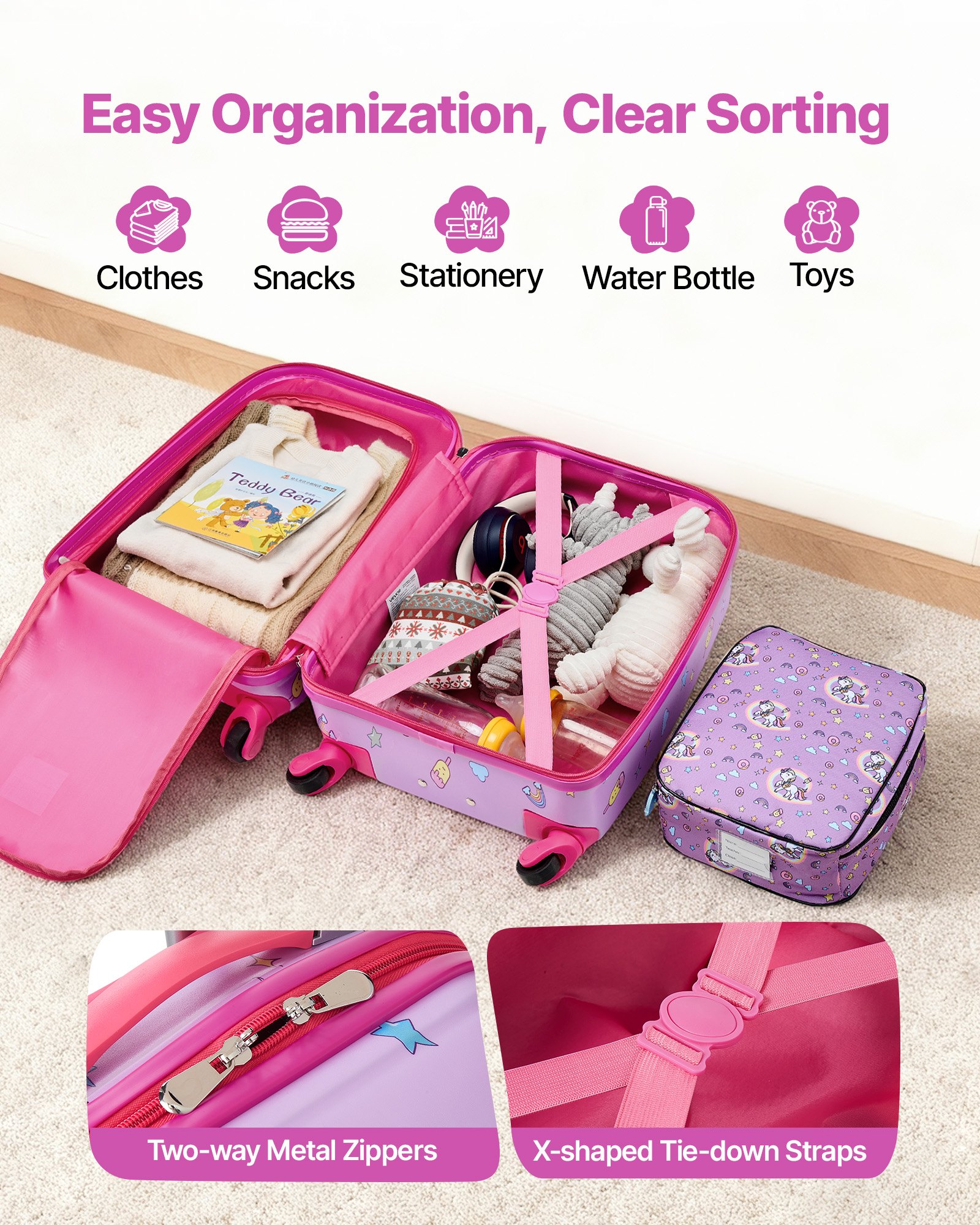 VEVOR 5 tlg. Kinderkoffer Set, 457,2 mm, Hartschalenkoffer mit Kindertrolley, Rucksack, Nackenkissen, Lunchbox & Kofferanhänge, Kofferset fürJungen & Mädchen, praktisch für Reisen Fliegen (Einhorn)