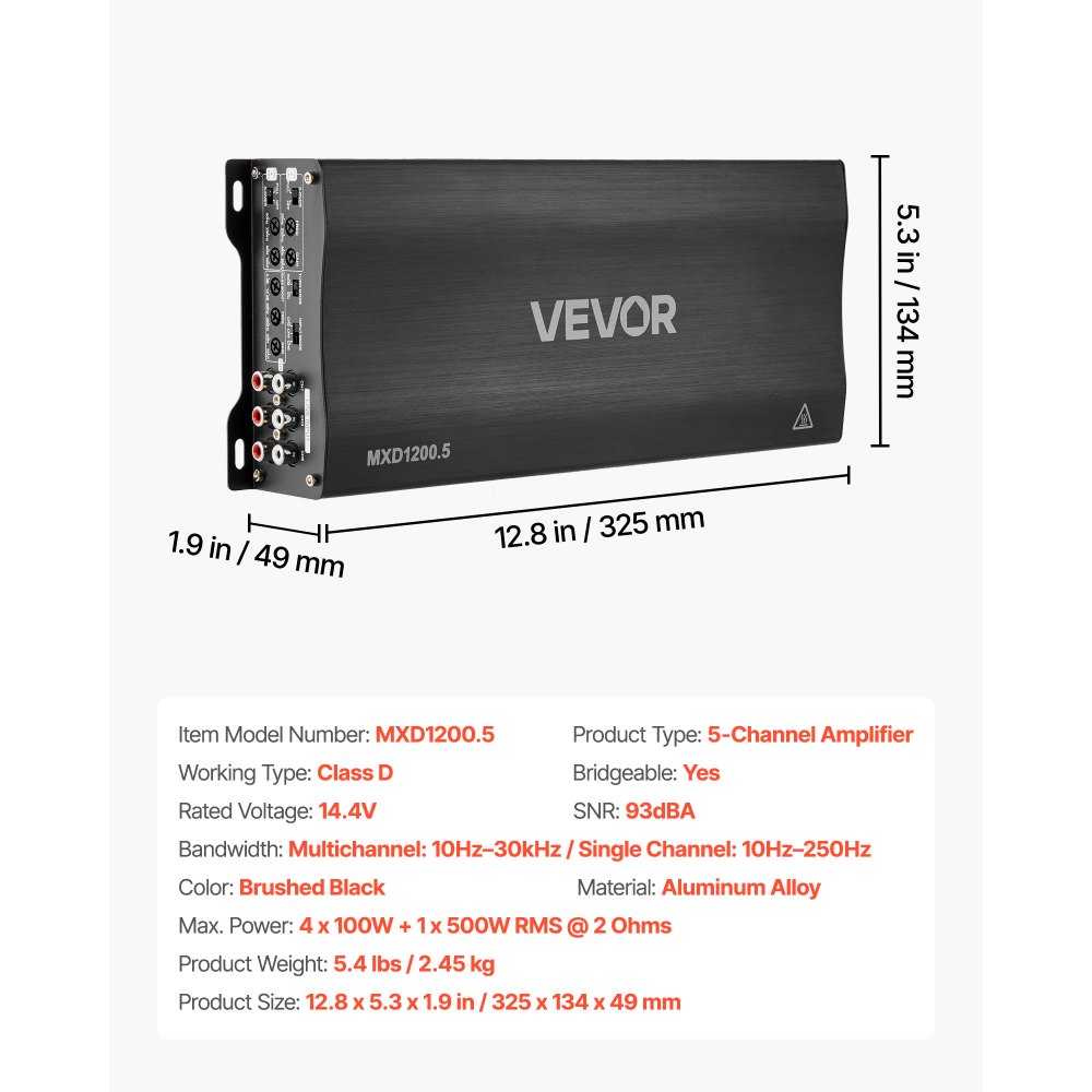 VEVOR Autoverstärker 5-Kanal, Endstufe Klasse D Überbrückbar, Max. 4 x 100 W an 4 Ohm / 4 x 200 W an 2 Ohm + 1 x 1000 W an 2 Ohm / 1 x 500 W an 4 Ohm, Hochleistungsverstärker für Fahrzeuge