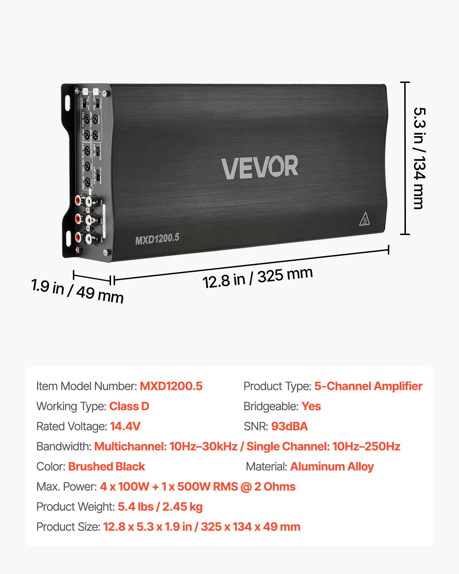 VEVOR Autoverstärker 5-Kanal, Endstufe Klasse D Überbrückbar, Max. 4 x 100 W an 4 Ohm / 4 x 200 W an 2 Ohm + 1 x 1000 W an 2 Ohm / 1 x 500 W an 4 Ohm, Hochleistungsverstärker für Fahrzeuge