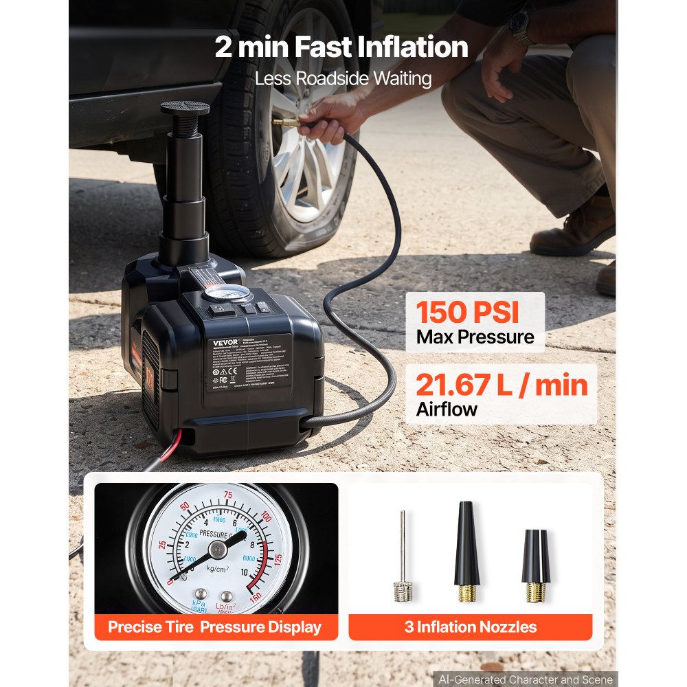 VEVOR Electric Car Jack, 5 Ton Hydraulic Jack Lift with Built-in Air Pump, 12V Car Lift Floor Jack, 155-450mm Lift Height, Portable Tire Change Tool Inflator Pump with LED Light for SUV Sedan Pickup