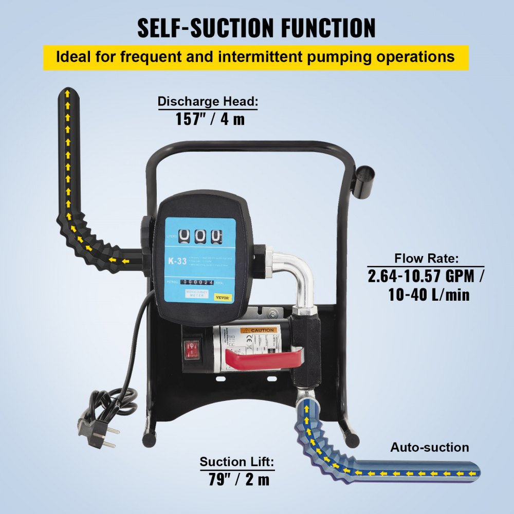 VEVOR 40L Dieselpumpe Heizölpumpe selbstansaugend, 155W Heizölpumpe Dieselpumpe, 220 V Diesel Kraftstoff-Umfüllpumpe mit 2 m Saugschlauch