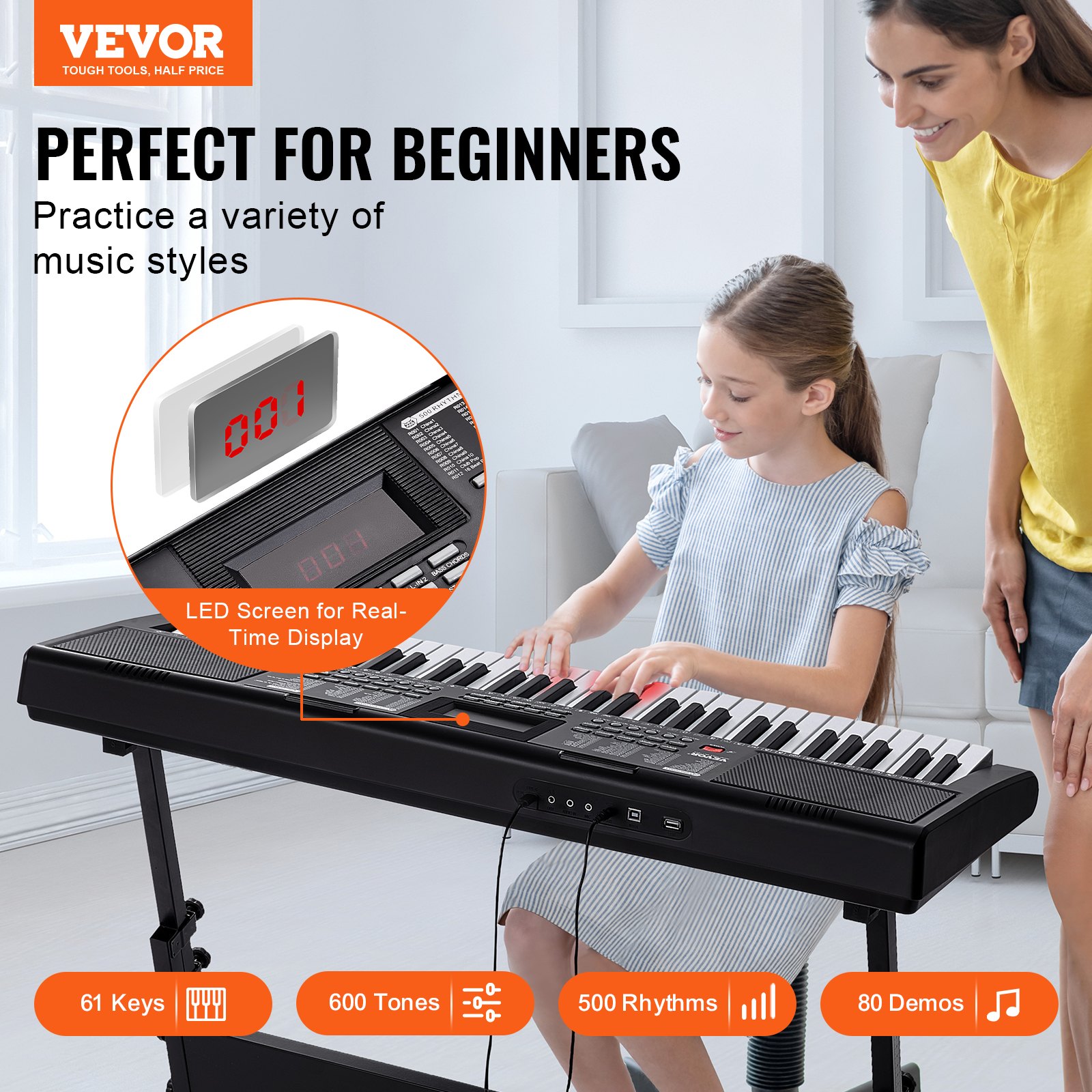 VEVOR 61-Tasten-Digitalklavier, beleuchtete Tasten, tragbares elektrisches Klavier mit verstellbarem Ständer, 600 Töne, 500 Rhythmen, integrierte Lautsprecher, Sustain-Pedal, Kopfhörer, Mikrofon, USB-MIDI für Anfänger