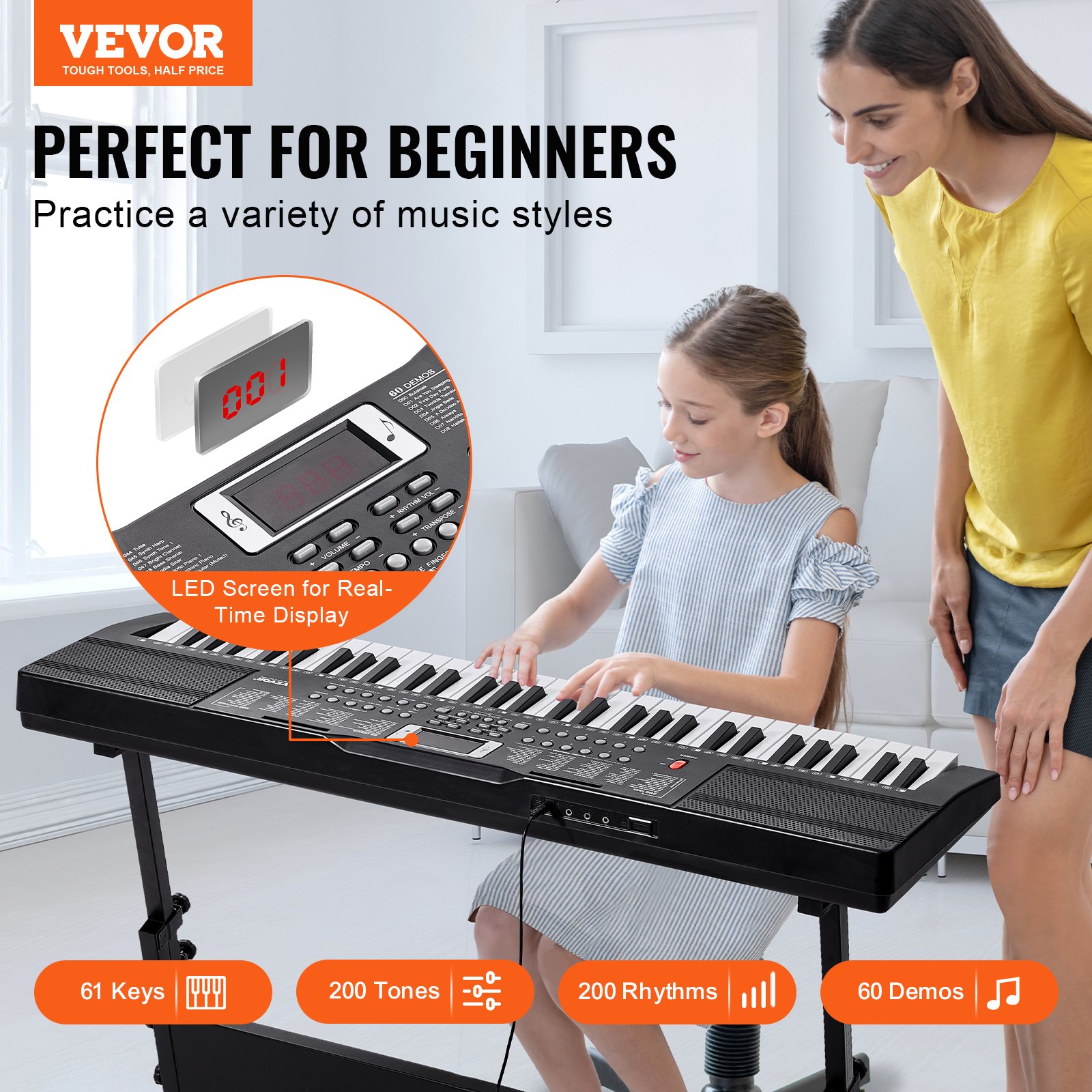 VEVOR Digitales Klavier mit 61 Tasten, 200 Töne, 200 Rhythmen, tragbares elektrisches Klavier-Keyboard-Kit mit 60 Demo-Songs, integrierten Doppellautsprechern, Kopfhörern, Mikrofon, Klavieraufklebern für Anfänger