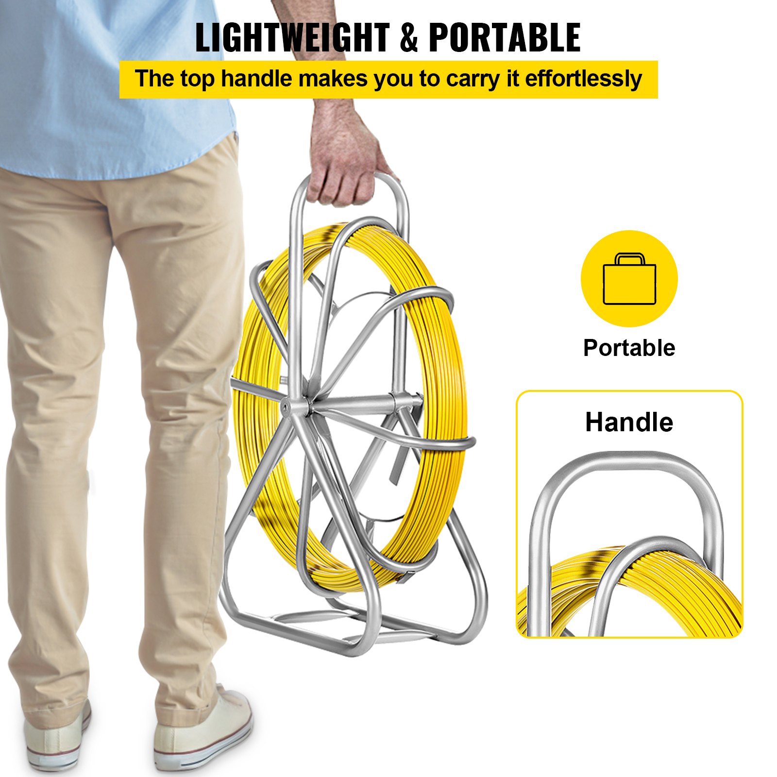 VEVOR 130m Kabel Rodder Fiberglas ziehen 4,5T Spitze Draht Kabel 6MM Biegung Radius Fiberglas Drahtseil mit Käfig und Ständer Fischband 150g/m