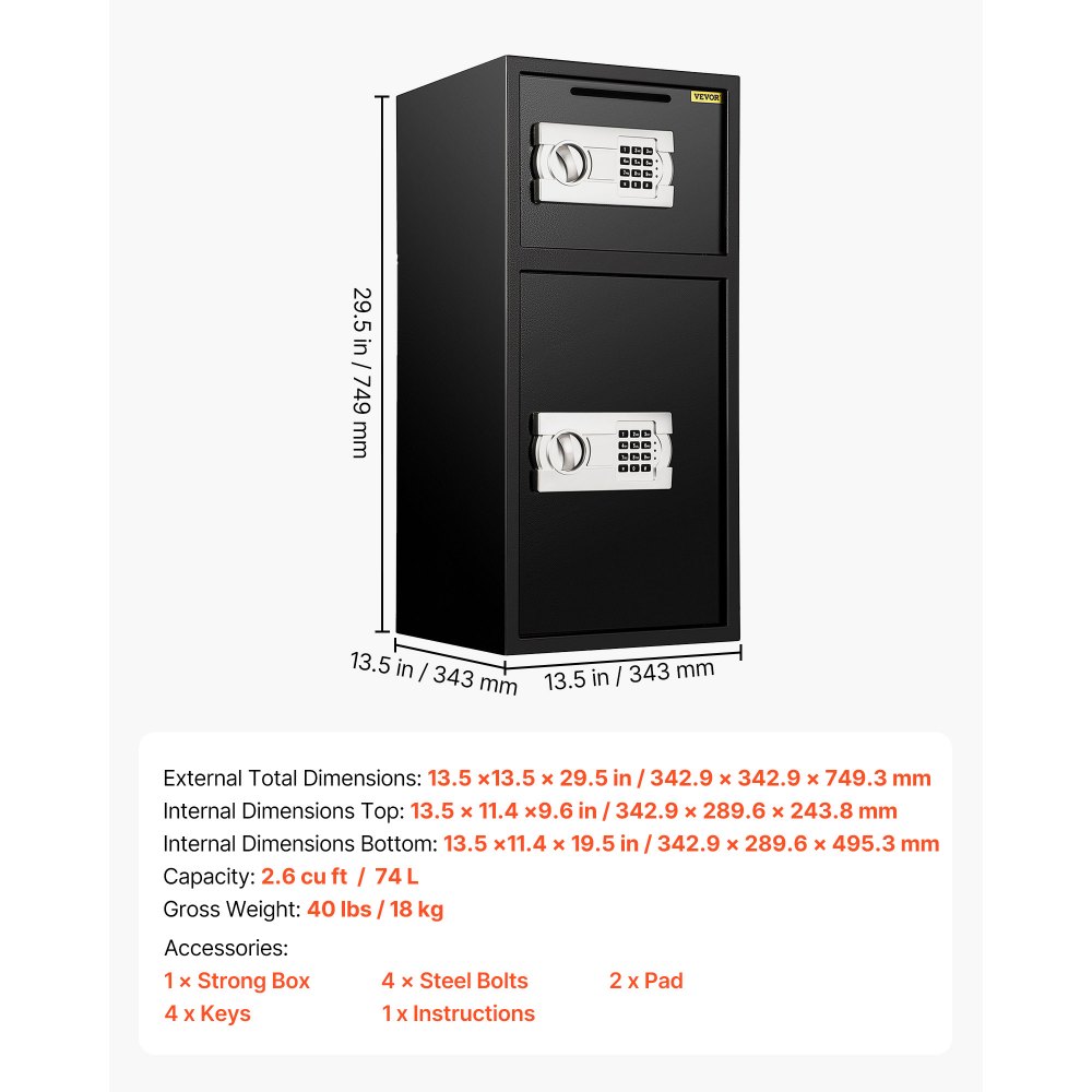 VEVOR Tresor mit Schlüssel Elektronikschloss Tresor 4MM mit Zahlenschloss 74 L, Tresor mit Starkem Eisen, Möbeltresor Elektronikschloss mit Hochbelastbaren Stahlkonstruktion
