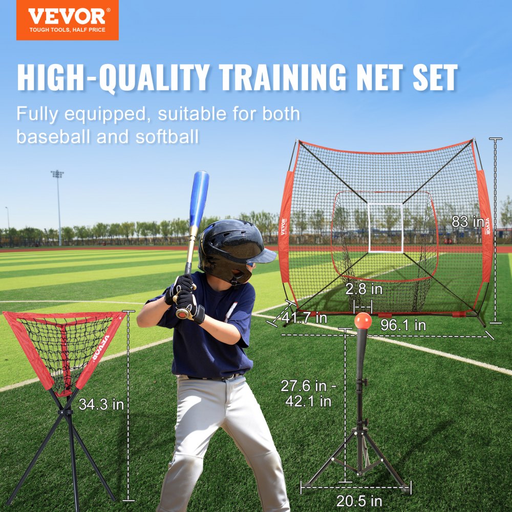 VEVOR 244 x 106 x 211 cm Baseball-Softball-Übungsnetz, Baseball-Trainingsnetz, Schlagen, Fangen, Pitchen, Backstop-Baseballausrüstung mit Bogenrahmen, Tragetasche, Schlagzone, Ball, Ballsammler